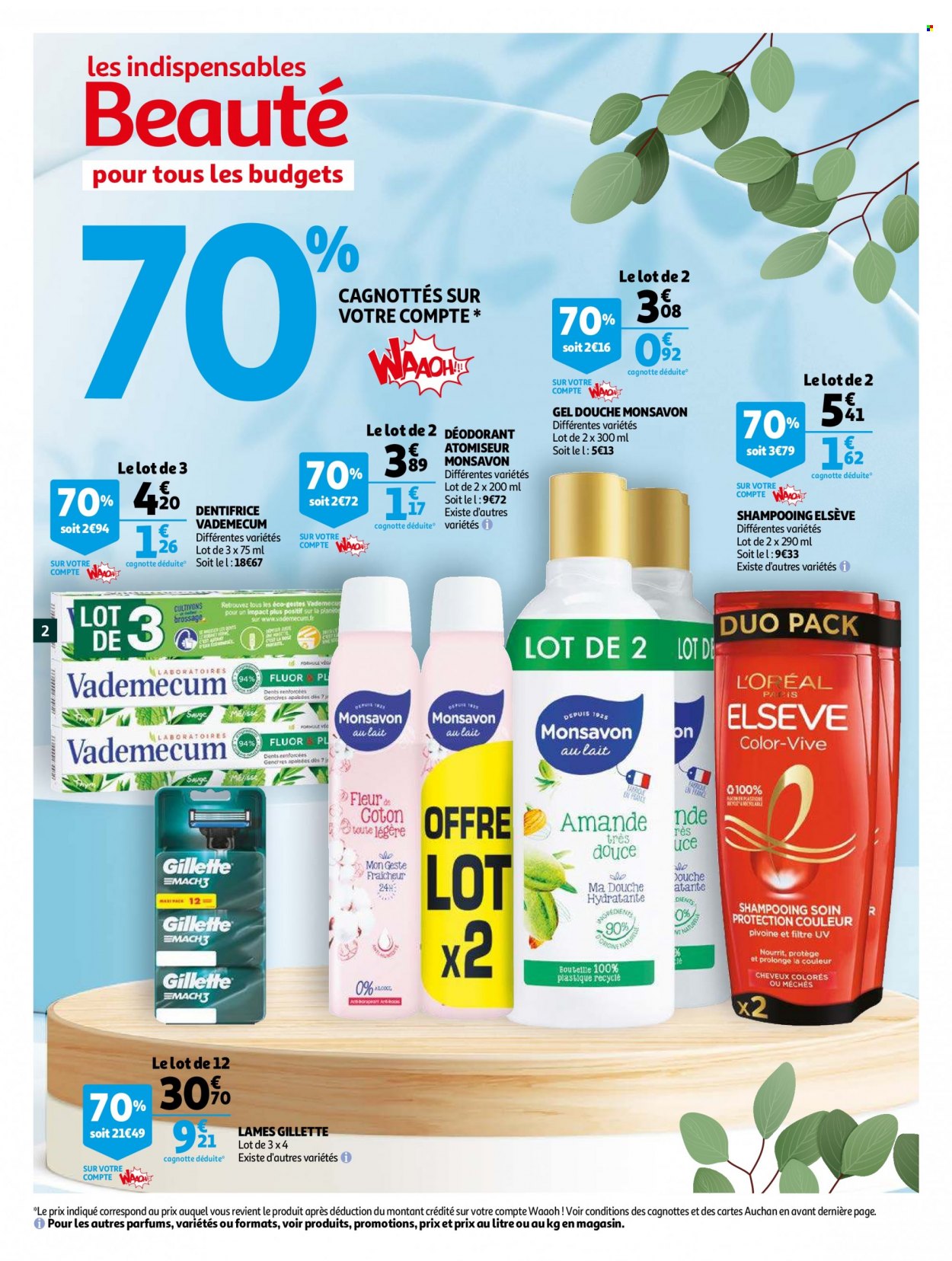 thumbnail - Catalogue Auchan - 04/05/2022 - 17/05/2022 - Produits soldés - L'Oréal, gel douche, shampooing, dentifrice, Elseve, mèches, déodorant, desodorisant, Gillette, pivoine. Page 2.