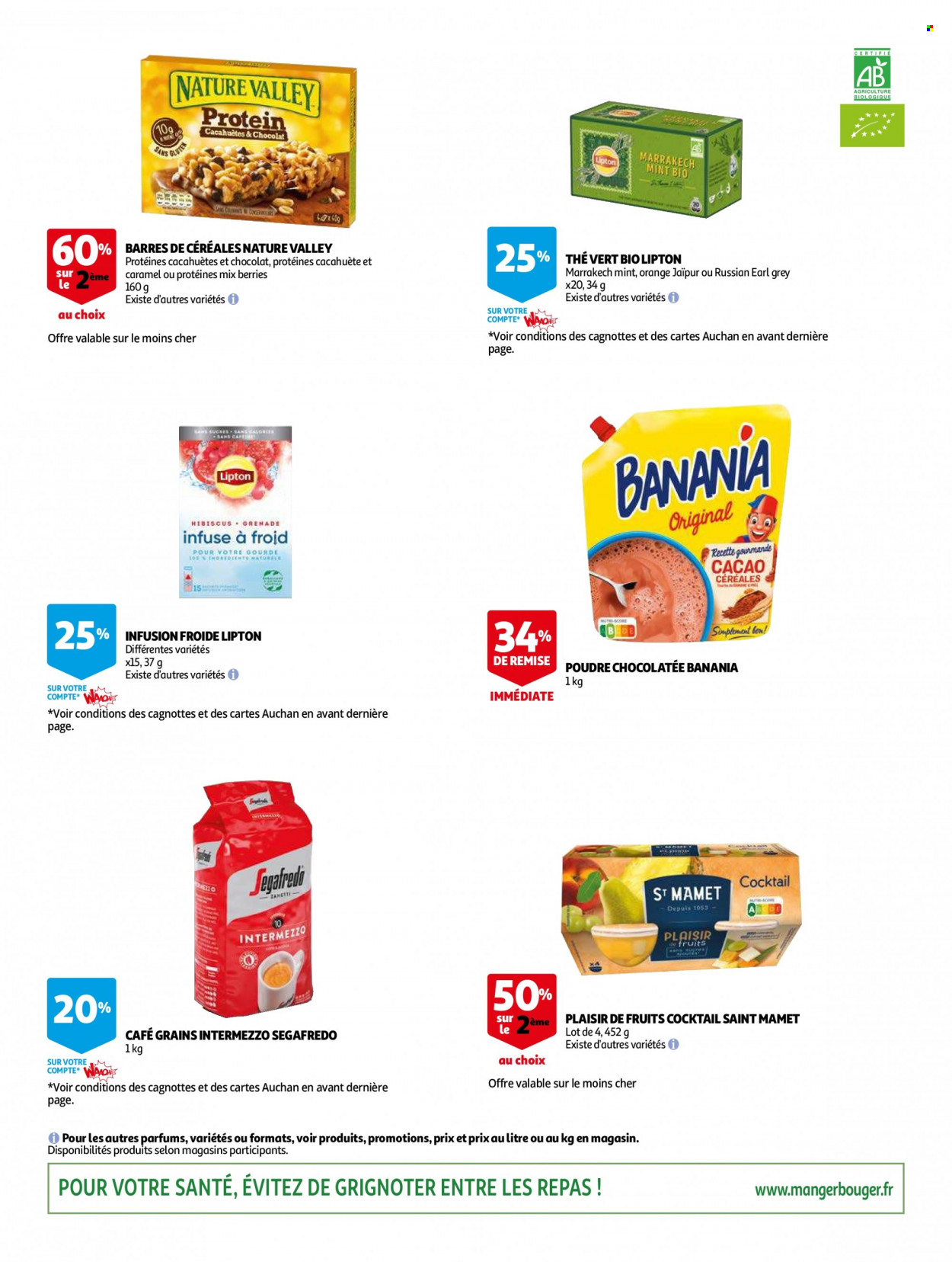 thumbnail - Catalogue Auchan - 04/05/2022 - 17/05/2022 - Produits soldés - gourde, cacahuètes, Banania, Lipton, thé, thé vert, café, Segafredo, hibiscus. Page 6.