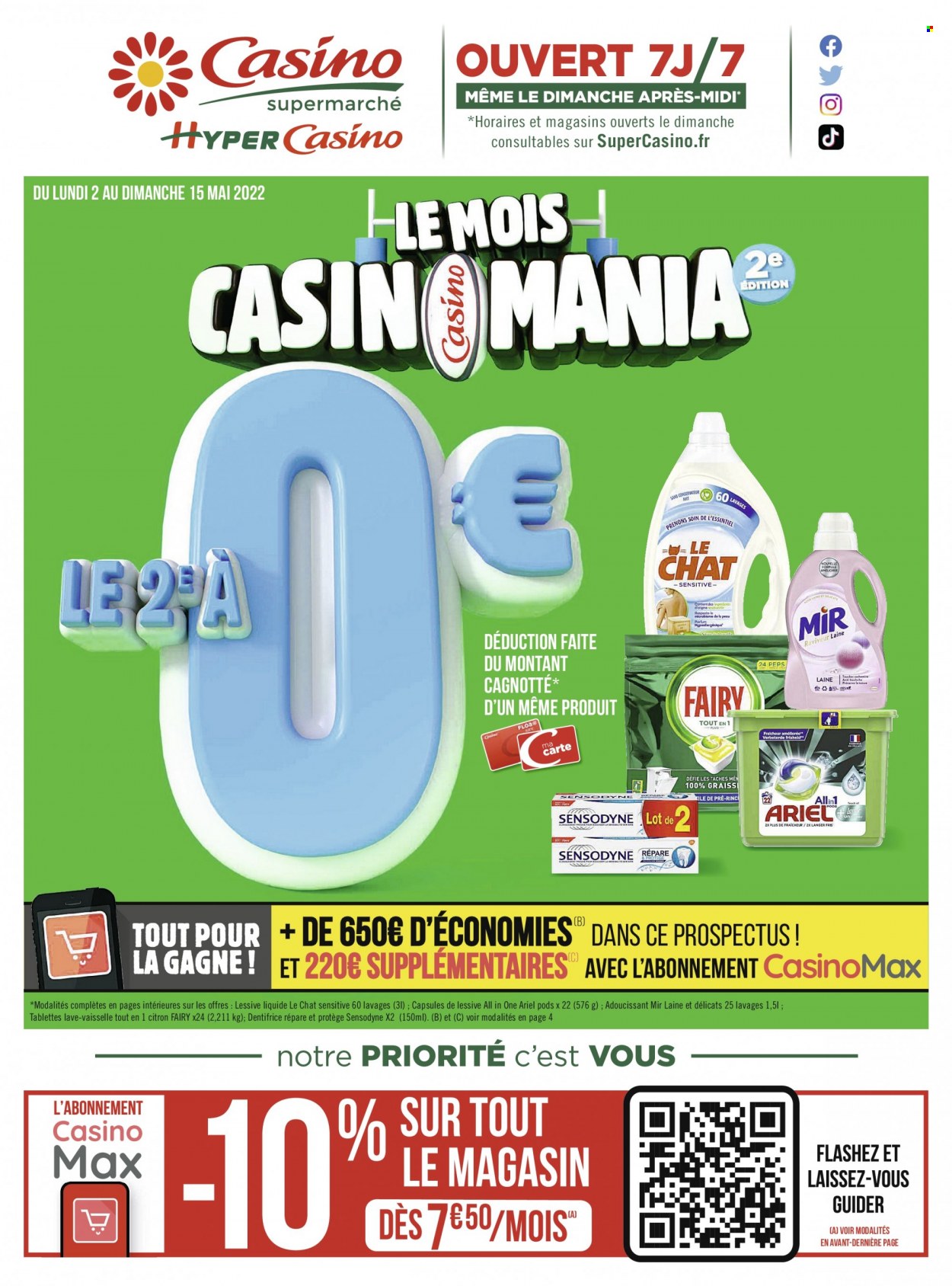 Catalogue Géant Casino - 02/05/2022 - 15/05/2022 - Produits soldés - Le Chat, Mir, Ariel, assouplissant, lessive, tablettes de lavage, Fairy, tablettes lave-vaisselle, dentifrice, Sensodyne. Page 1.