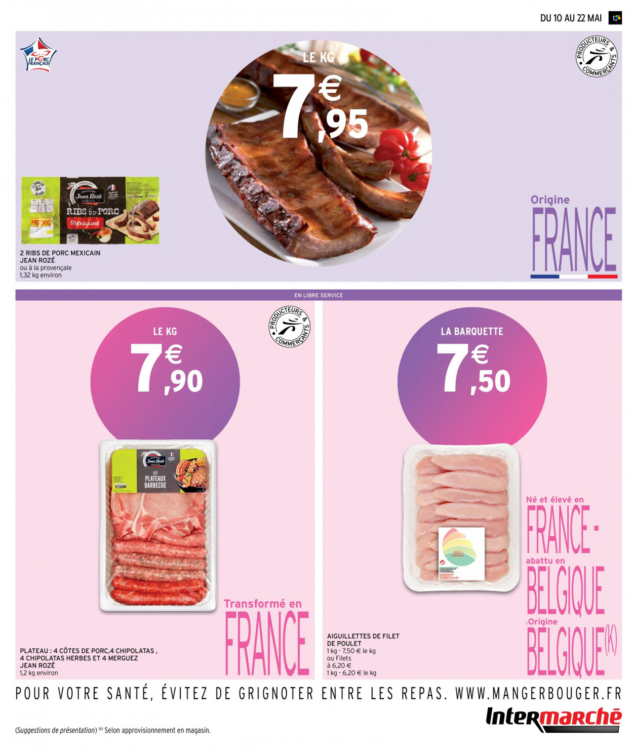 thumbnail - Catalogue Intermarché - 10/05/2022 - 22/05/2022 - Produits soldés - côtes de porc, viande de porc, filet de poulet, viande de poulet, merguez, chipolata. Page 13.