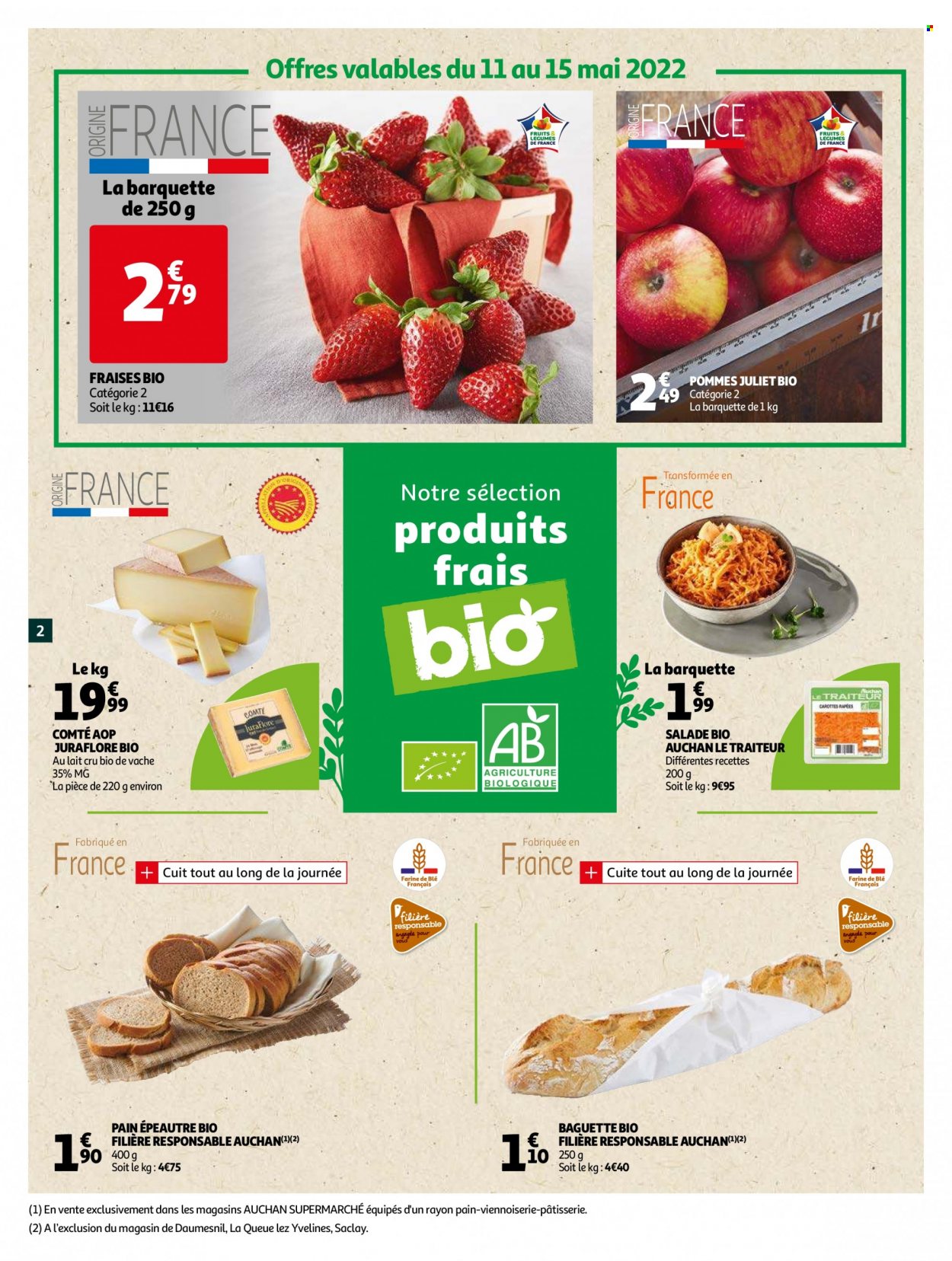 thumbnail - Catalogue Auchan - 11/05/2022 - 24/05/2022 - Produits soldés - pommes, fraises, salade, carotte, baguette, pain, Comté. Page 2.
