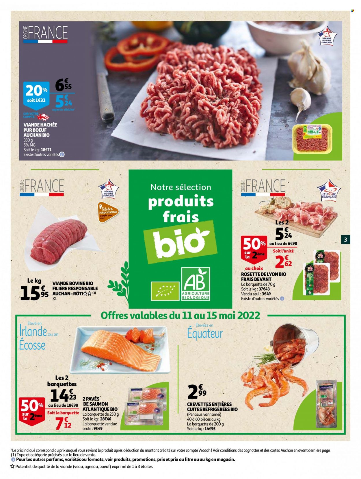 thumbnail - Catalogue Auchan - 11/05/2022 - 24/05/2022 - Produits soldés - viande de veau, viande hachée, saumon, crevettes, pavés de saumon, rosette, rosette de Lyon. Page 3.