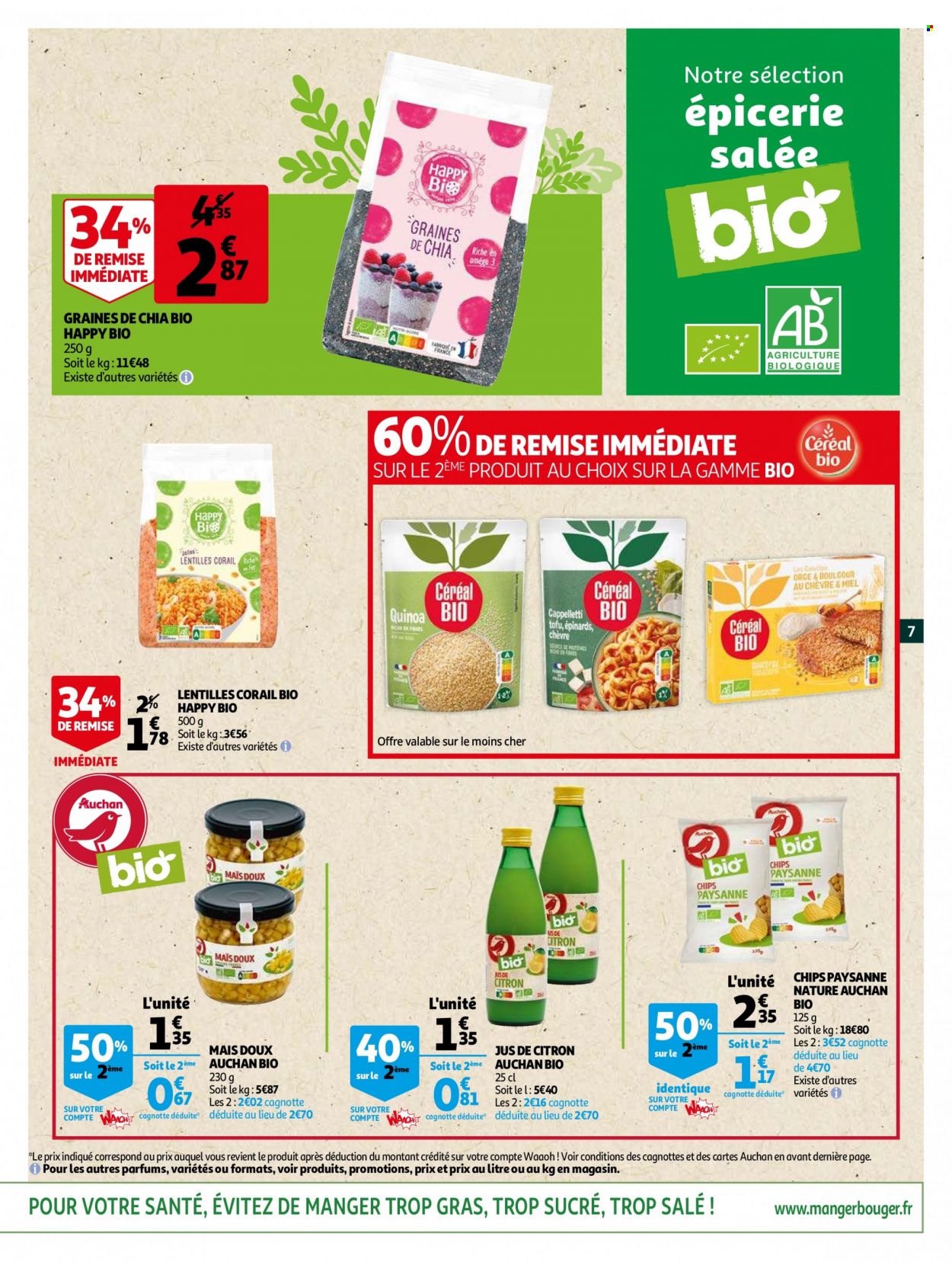 thumbnail - Catalogue Auchan - 11/05/2022 - 24/05/2022 - Produits soldés - épinard, lentilles, chips, tofu, quinoa, miel. Page 7.