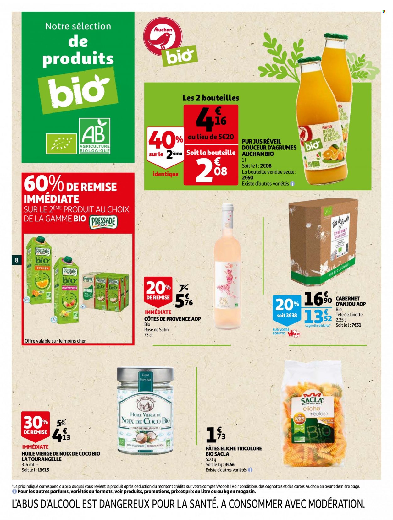 thumbnail - Catalogue Auchan - 11/05/2022 - 24/05/2022 - Produits soldés - noix de coco, pâtes, huile, pur jus, vin. Page 8.