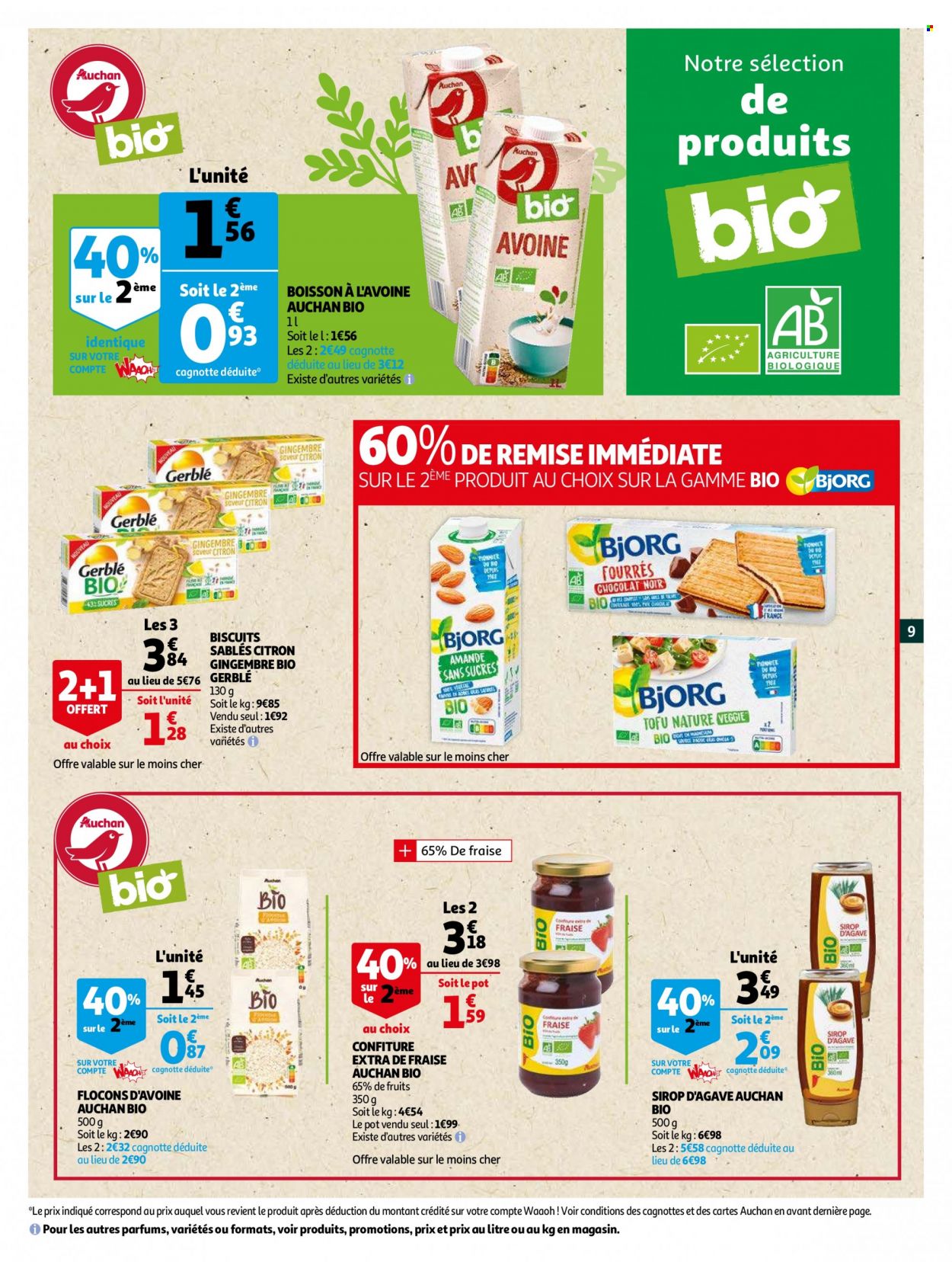 thumbnail - Catalogue Auchan - 11/05/2022 - 24/05/2022 - Produits soldés - Bjorg, biscuits, sablés, tofu, confiture, sirop, sirop d’agave. Page 9.