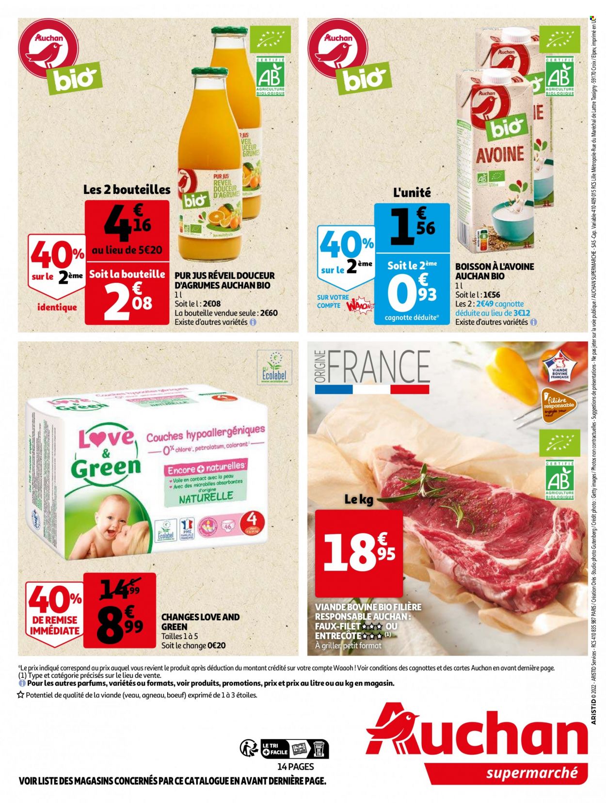 thumbnail - Catalogue Auchan - 11/05/2022 - 24/05/2022 - Produits soldés - viande de veau, entrecôte, jus, pur jus, couches, agrumes. Page 14.