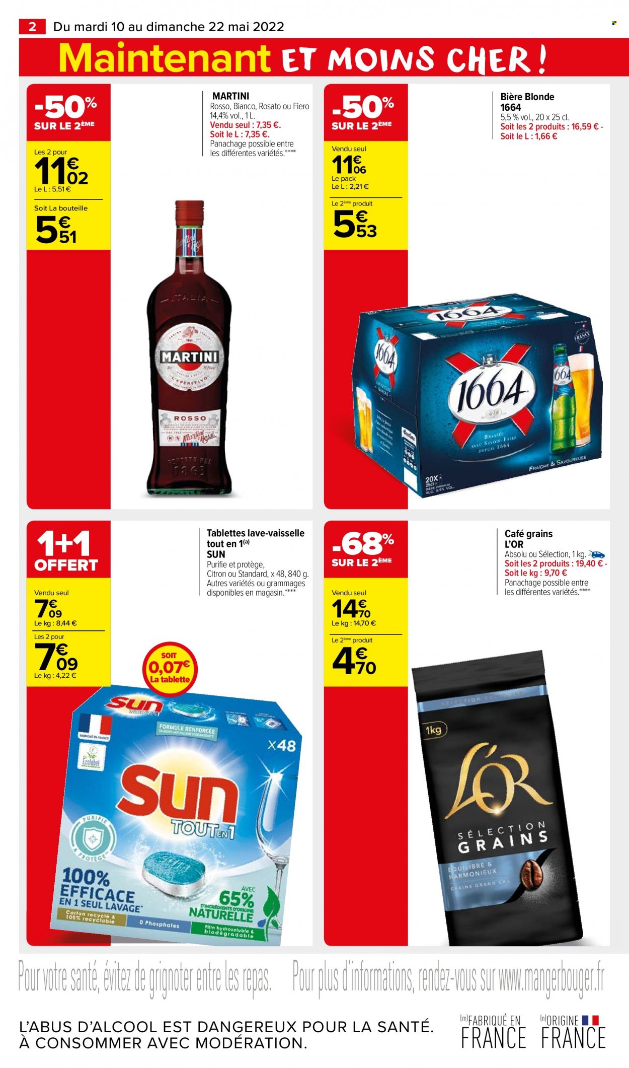 thumbnail - Catalogue Carrefour Market - 10/05/2022 - 22/05/2022 - Produits soldés - bière, bière blonde, 1664, café, Martini, tablettes lave-vaisselle. Page 2.