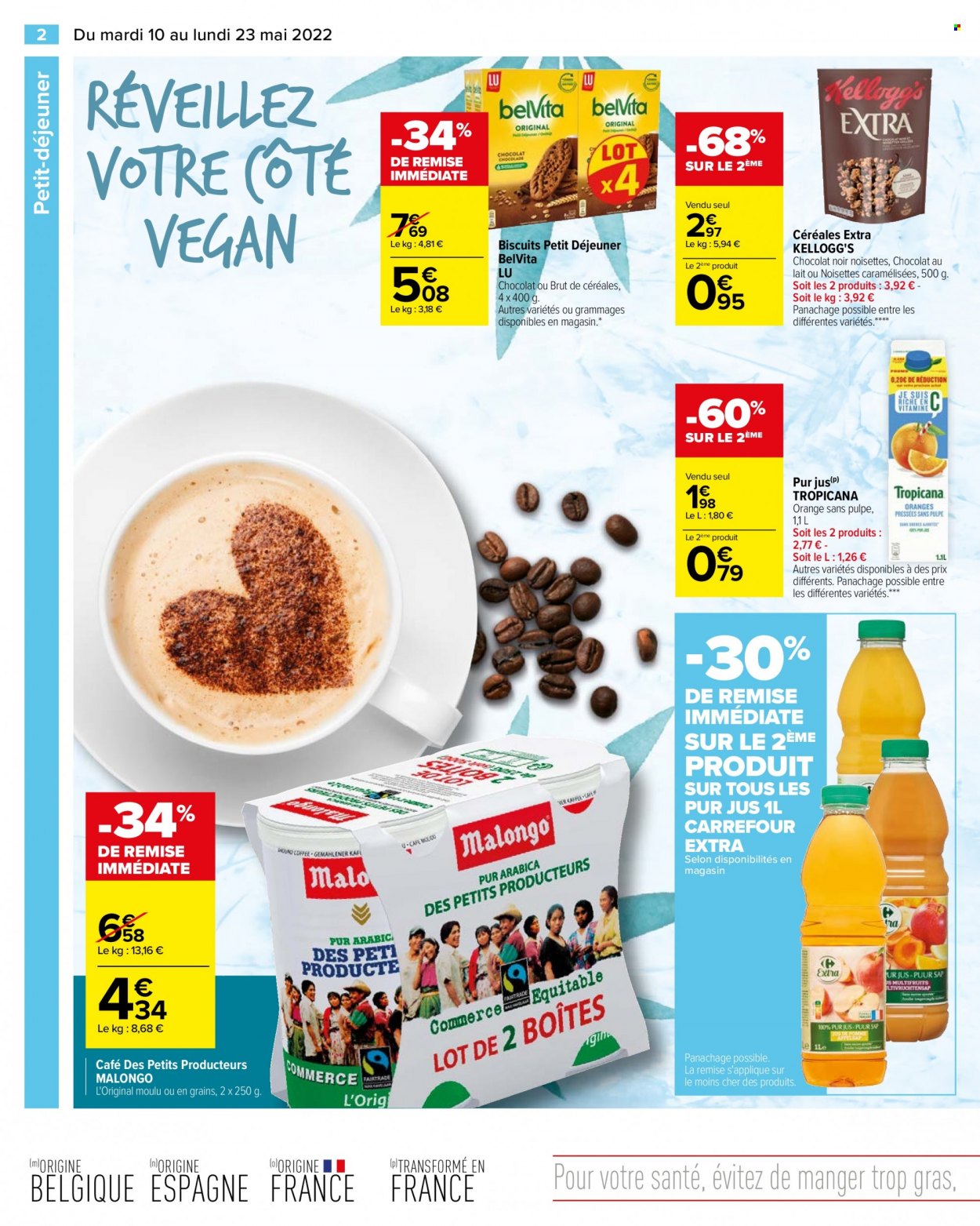 thumbnail - Catalogue Carrefour Hypermarchés - 10/05/2022 - 23/05/2022 - Produits soldés - biscuits, Kellogg's, LU, jus, Tropicana, pur jus, café. Page 4.