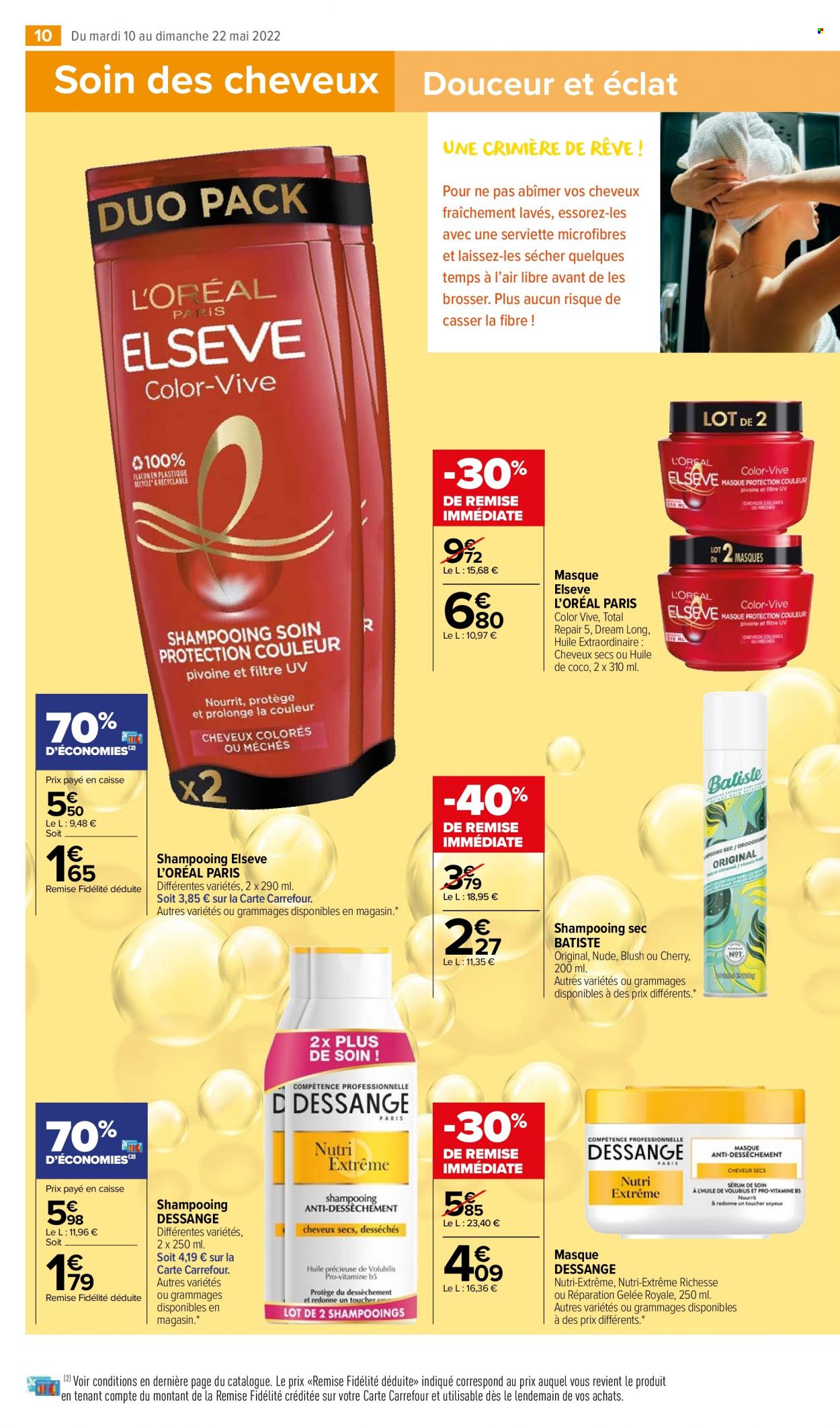 thumbnail - Catalogue Carrefour Market - 10/05/2022 - 22/05/2022 - Produits soldés - L'Oréal, huile de noix de coco, shampooing, masque, Elseve, gelée royale. Page 10.