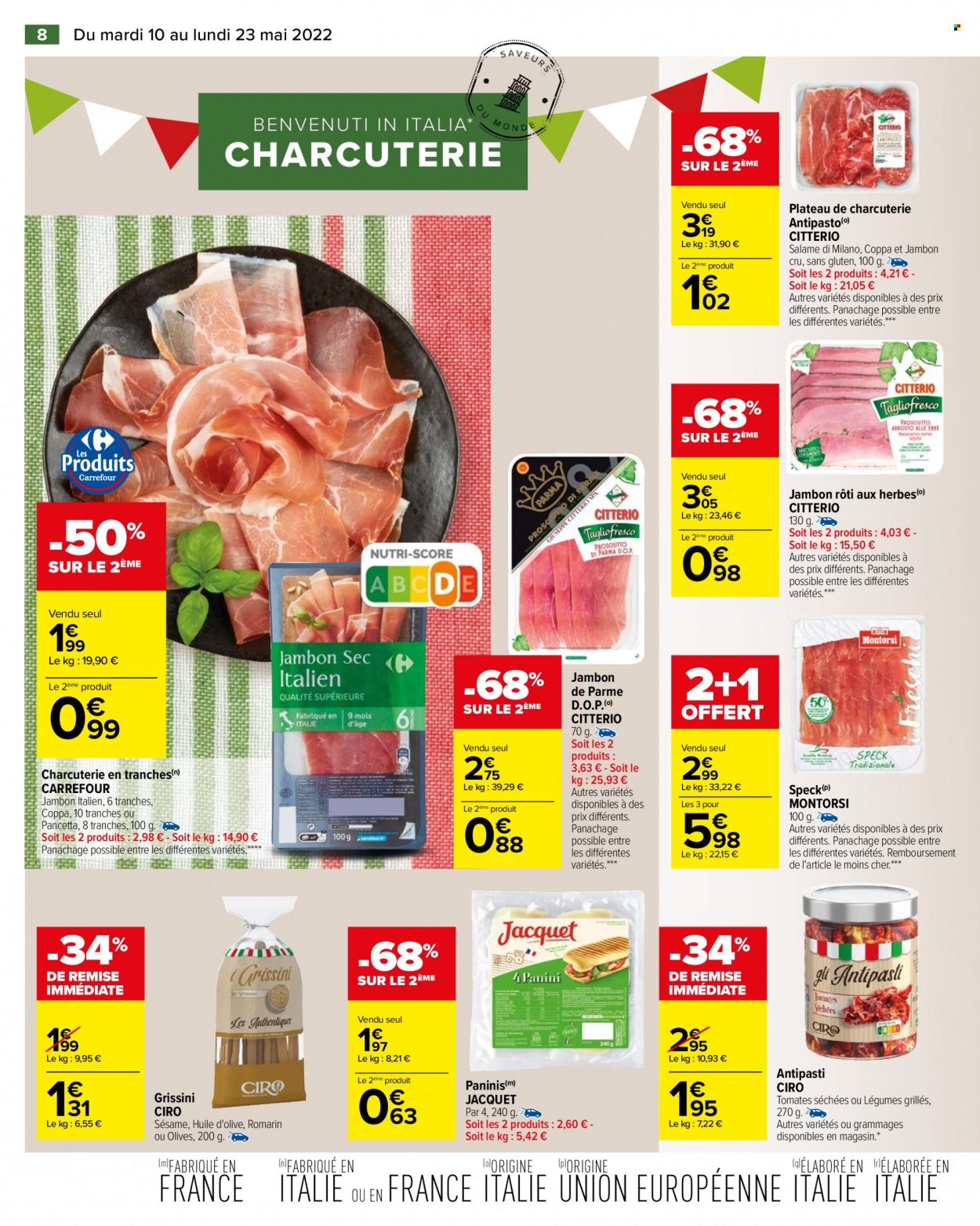 thumbnail - Catalogue Carrefour Hypermarchés - 10/05/2022 - 23/05/2022 - Produits soldés - antipasti, coppa, jambon sec, pancetta, jambon de parme, gressins, tomates séchées, sésame, romarin, huile, huile d'olive. Page 10.