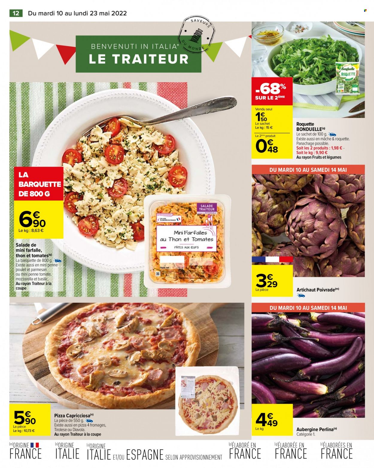 thumbnail - Catalogue Carrefour Hypermarchés - 10/05/2022 - 23/05/2022 - Produits soldés - salade, artichaut, aubergine, mâche, roquette, penne poulet, Bonduelle, farfalle. Page 14.