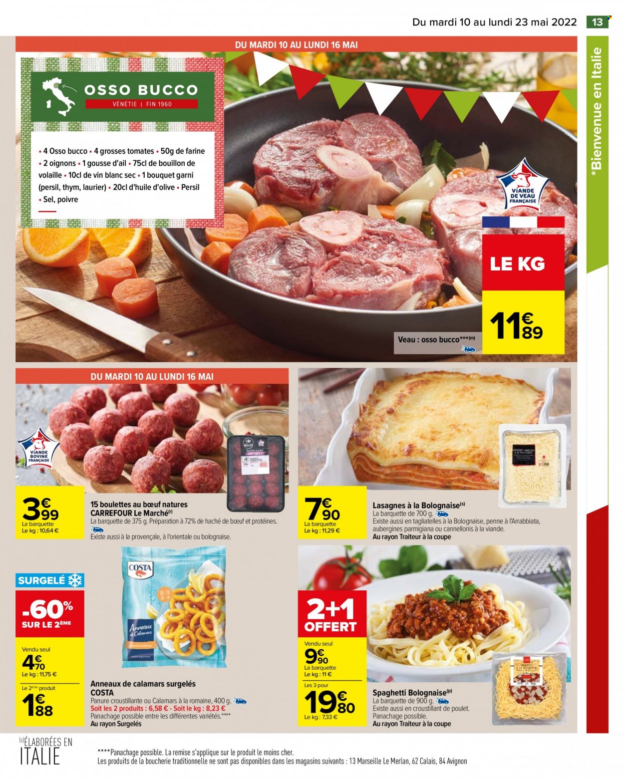 thumbnail - Catalogue Carrefour Hypermarchés - 10/05/2022 - 23/05/2022 - Produits soldés - oignons, boulettes de bœuf, viande hachée, calamars, lasagnes, bouillon, pâtes, tagliatelles, thym, persil. Page 15.