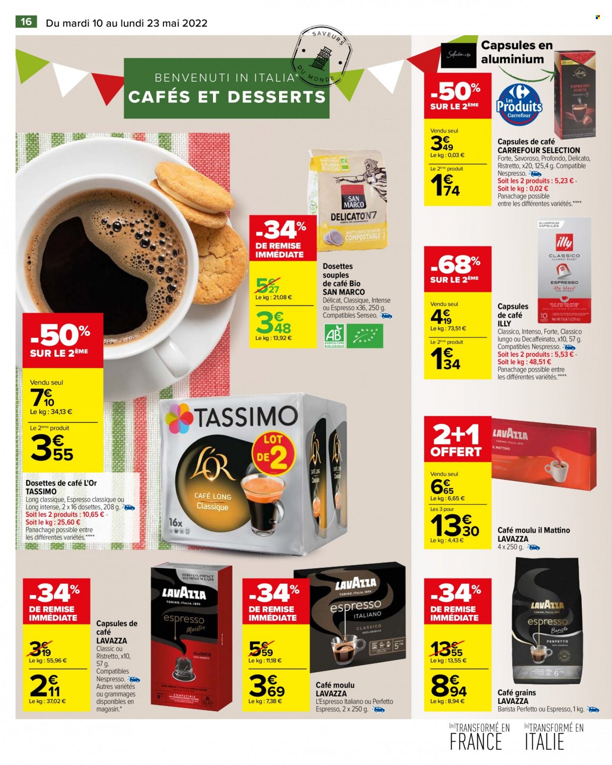 thumbnail - Catalogue Carrefour Hypermarchés - 10/05/2022 - 23/05/2022 - Produits soldés - café moulu, Lavazza, café capsules, dosettes de café, San Marco. Page 18.