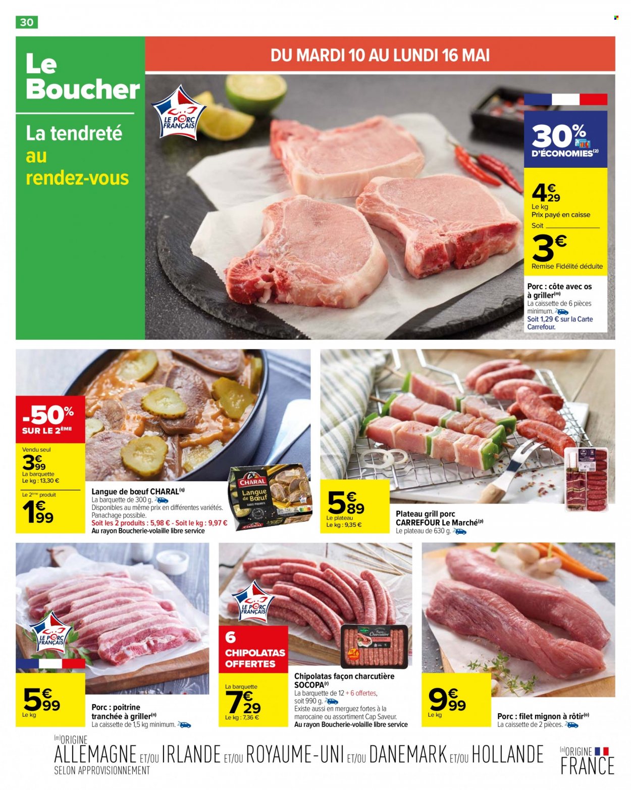 thumbnail - Catalogue Carrefour Hypermarchés - 10/05/2022 - 23/05/2022 - Produits soldés - filet mignon, langue de bœuf, merguez, chipolata. Page 36.