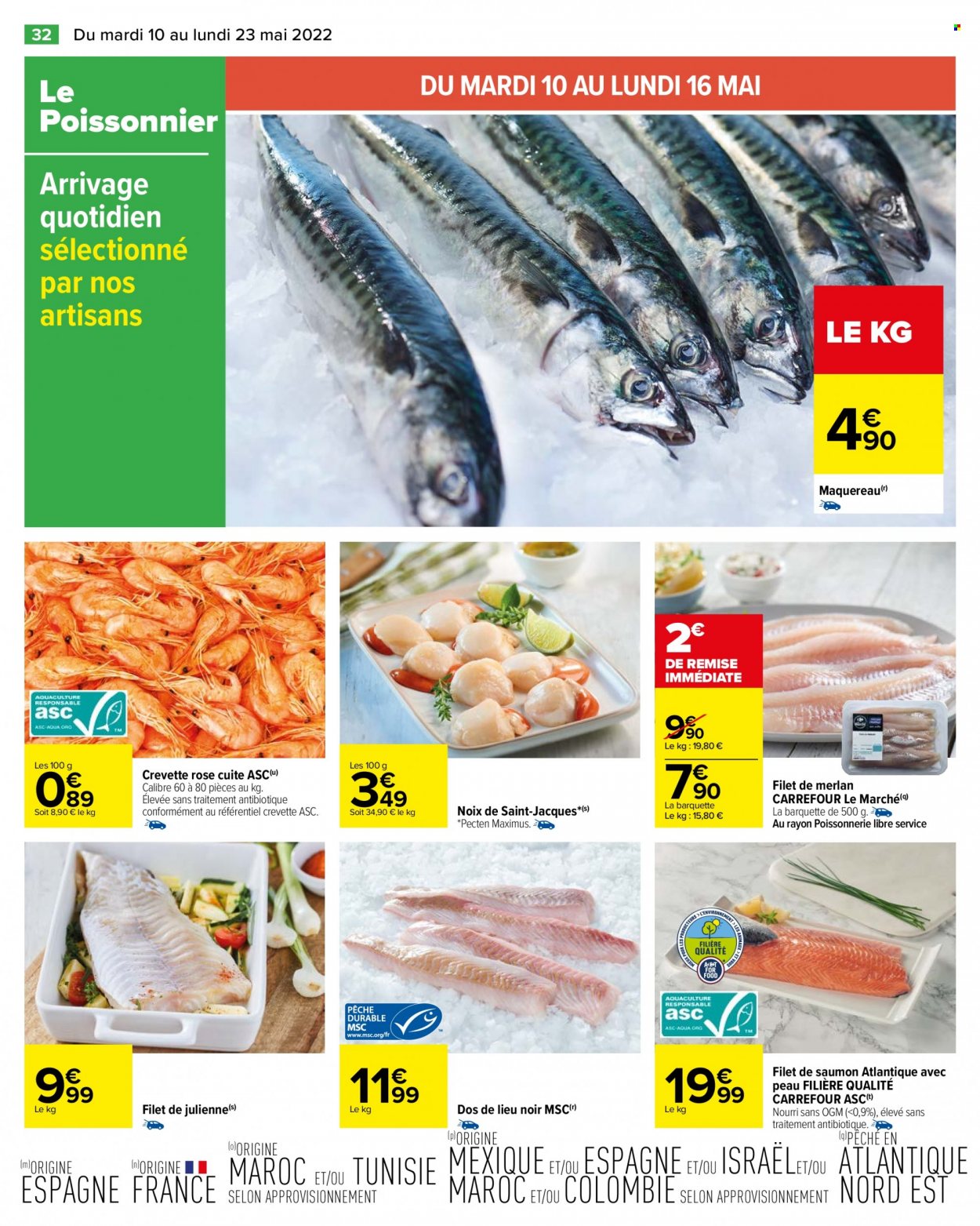 thumbnail - Catalogue Carrefour Hypermarchés - 10/05/2022 - 23/05/2022 - Produits soldés - saumon, crevettes, filet de merlan, maquereau, crevette rosé, filet de lieu, pavés de saumon. Page 38.