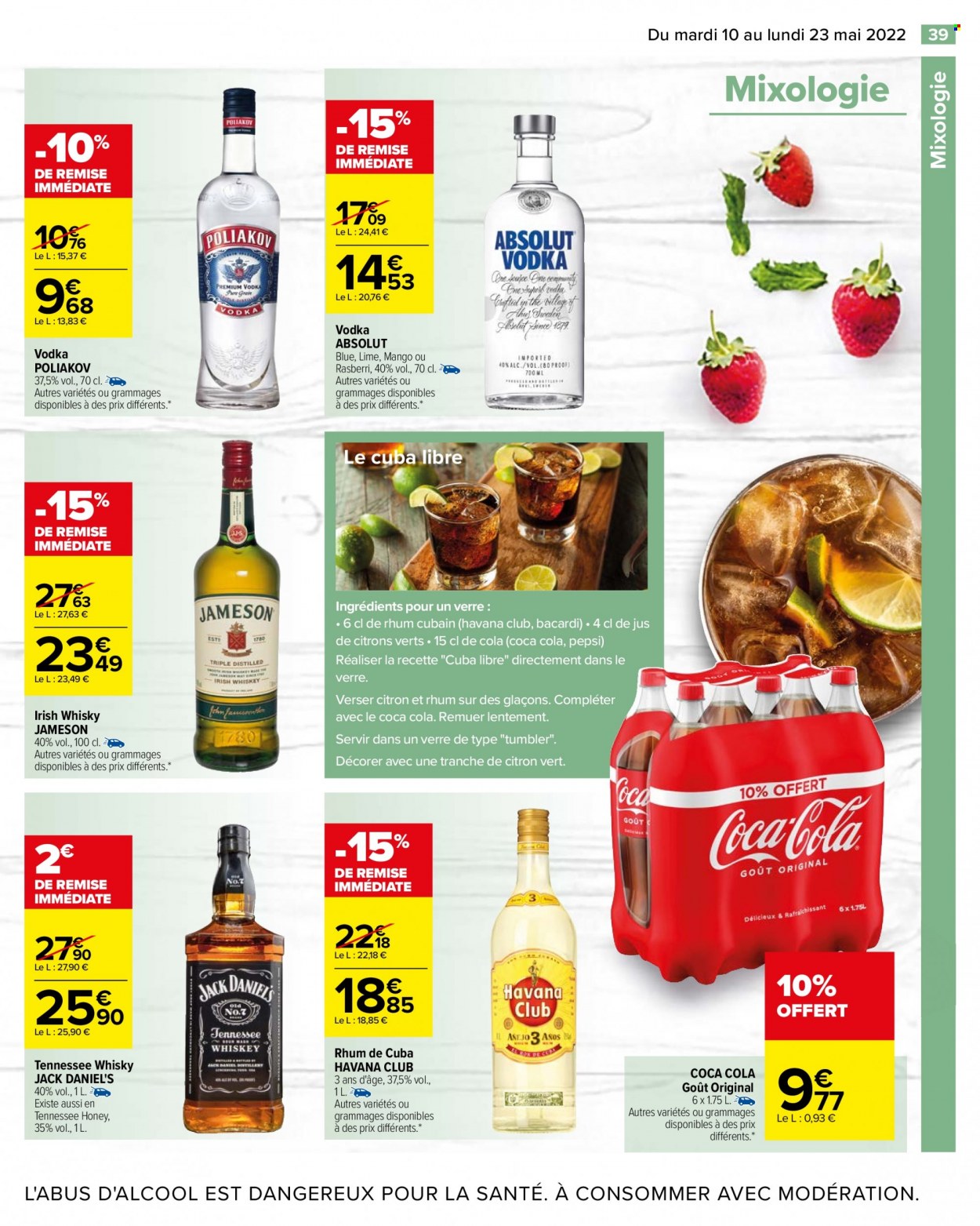 thumbnail - Catalogue Carrefour Hypermarchés - 10/05/2022 - 23/05/2022 - Produits soldés - Coca-Cola, Pepsi, Jameson, vodka, whisky, Poliakov, verre. Page 45.