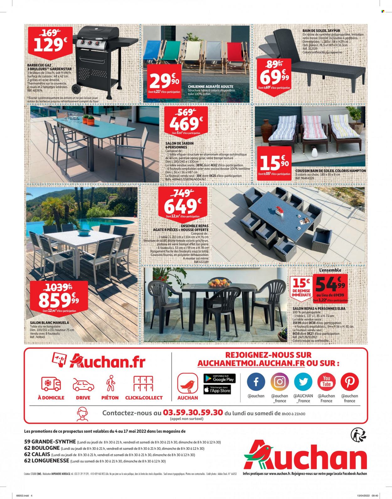 thumbnail - Catalogue Auchan - 04/05/2022 - 17/05/2022 - Produits soldés - table, thermomètre, coussin bain de soleil, coussin, fauteuil, salon de jardin, barbecue. Page 4.
