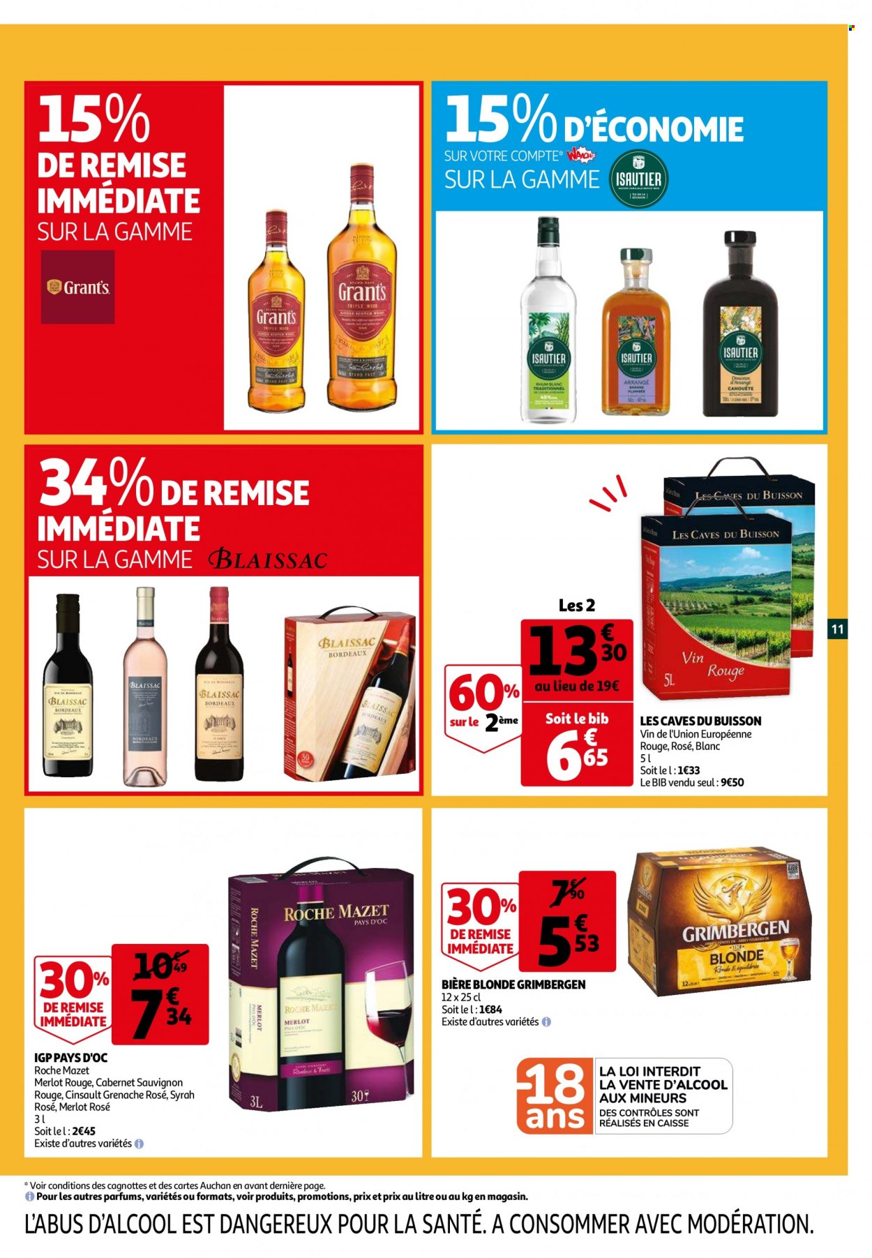 thumbnail - Catalogue Auchan - 11/05/2022 - 17/05/2022 - Produits soldés - bière, bière blonde, Grimbergen, Bordeaux, vin blanc, vin rouge, vin, Cabernet Sauvignon. Page 11.