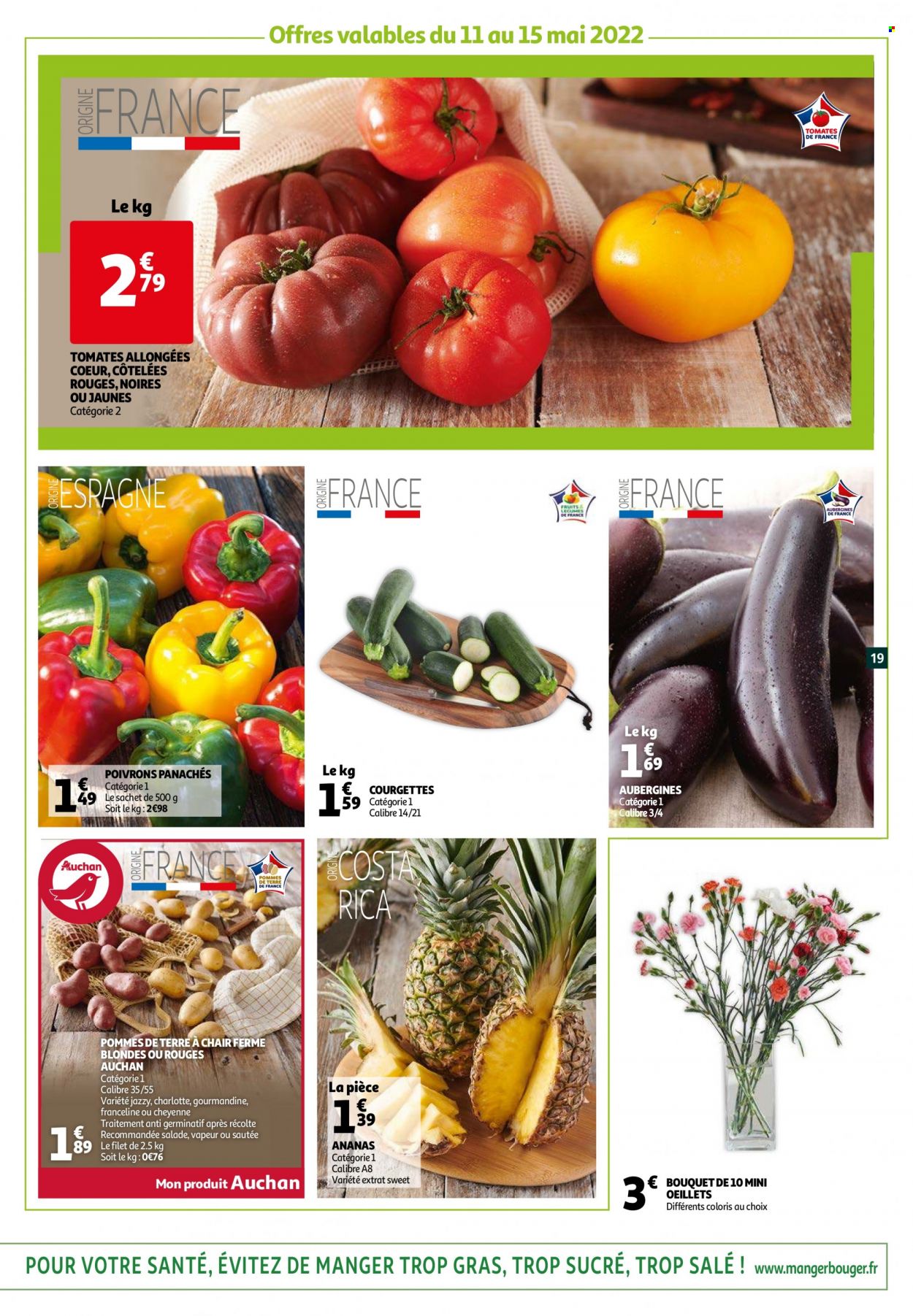 thumbnail - Catalogue Auchan - 11/05/2022 - 17/05/2022 - Produits soldés - ananas, tomates, salade, aubergine, courgette, poivrons, pommes de terre. Page 19.