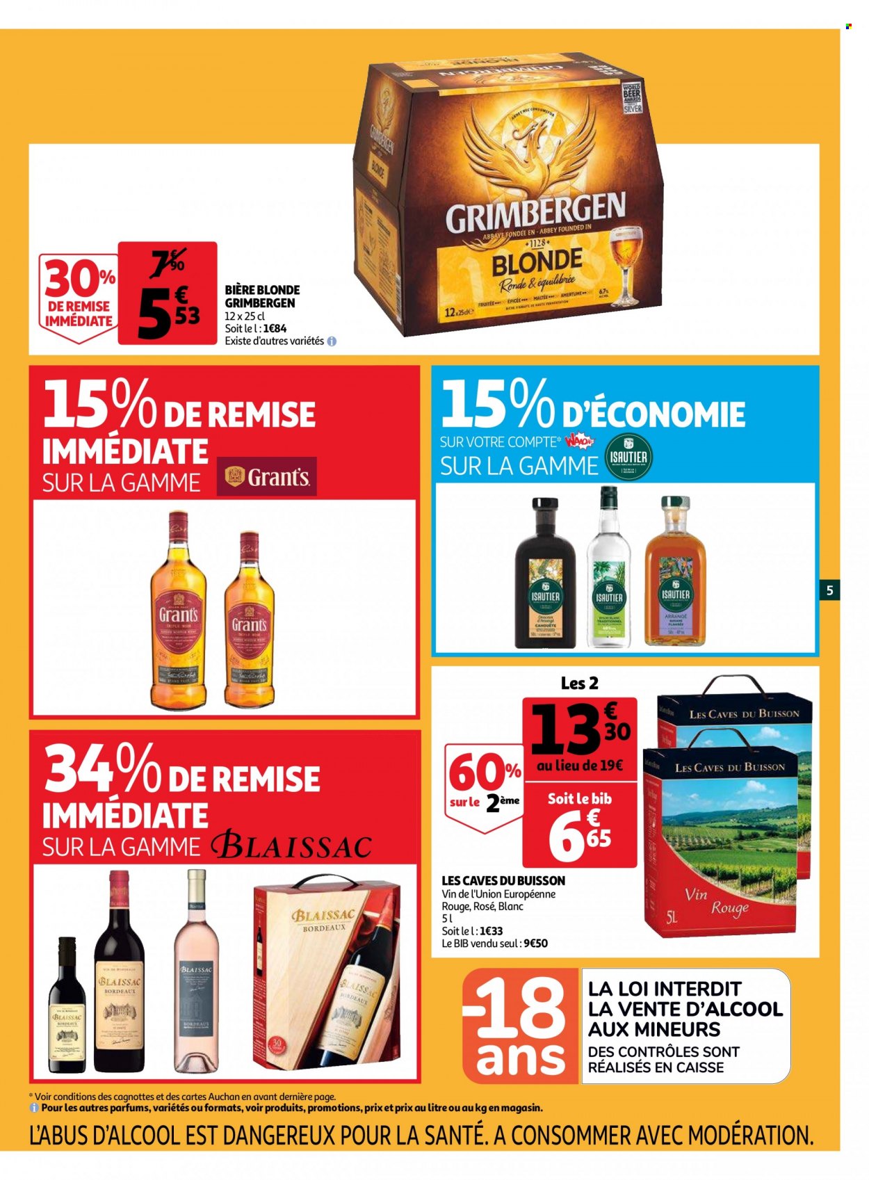 thumbnail - Catalogue Auchan - 11/05/2022 - 17/05/2022 - Produits soldés - bière, bière blonde, Grimbergen, Bordeaux, vin rouge, vin. Page 5.