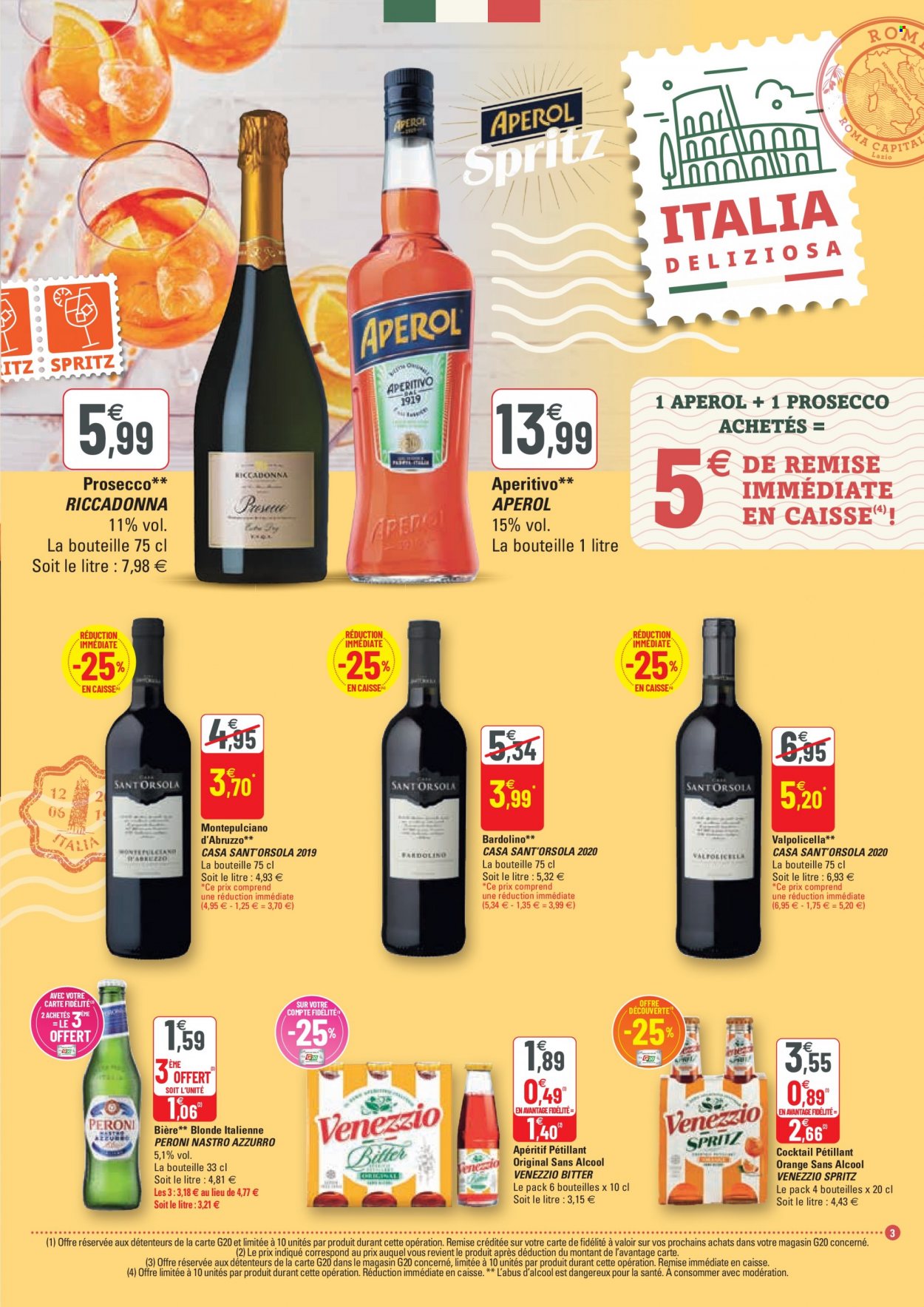 thumbnail - Catalogue G20 - 11/05/2022 - 22/05/2022 - Produits soldés - Peroni, bière, vin rouge, Prosecco, Aperol, apéritif, Spritz. Page 3.