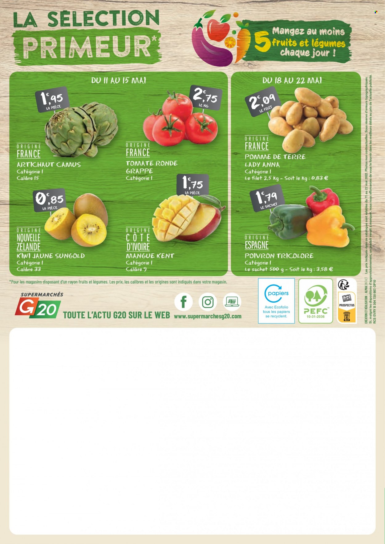 thumbnail - Catalogue G20 - 11/05/2022 - 22/05/2022 - Produits soldés - kiwi, mangue, tomates, artichaut, poivrons, pommes de terre. Page 20.
