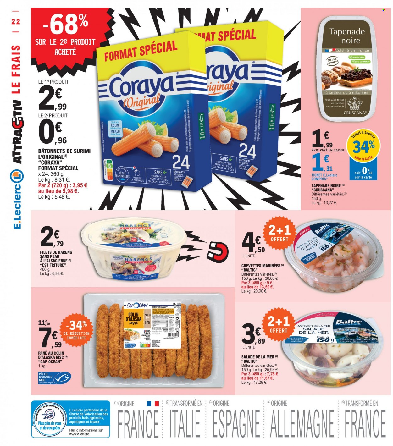 thumbnail - Catalogue E.Leclerc - 10/05/2022 - 21/05/2022 - Produits soldés - salade, crevettes, hareng, surimi, bâtonnets de surimi, antipasti, tapenade, canapé. Page 22.