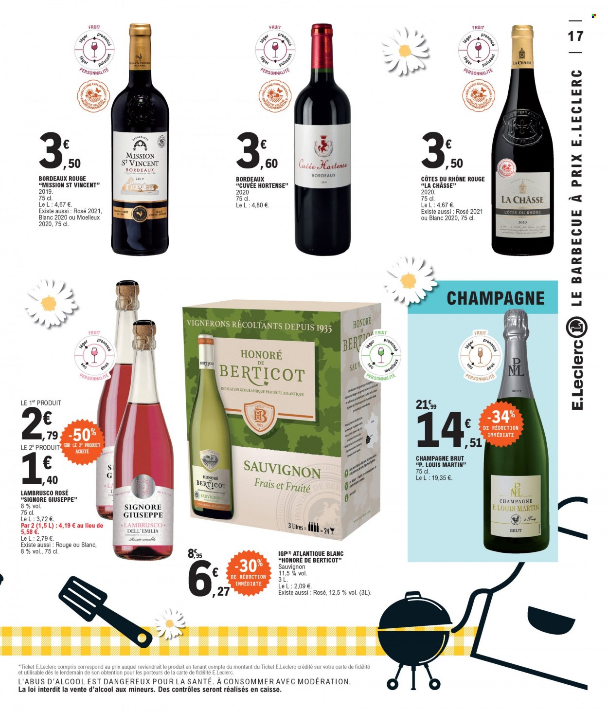 thumbnail - Catalogue E.Leclerc - 10/05/2022 - 21/05/2022 - Produits soldés - Bordeaux, Côtes du Rhône, champagne, vin rouge, vin, Cabernet Sauvignon. Page 17.