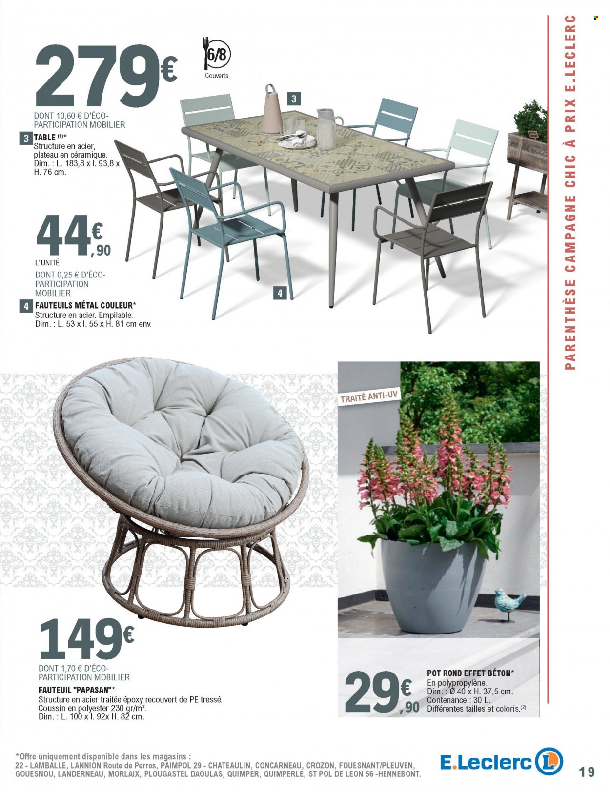 thumbnail - Catalogue E.Leclerc - 08/05/2022 - 21/05/2022 - Produits soldés - table, couverts, fauteuil, pot rond. Page 19.