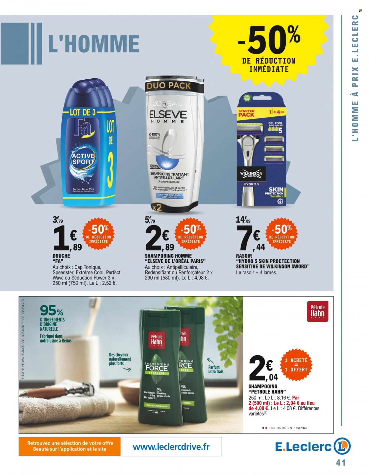 thumbnail - Catalogue E.Leclerc - 10/05/2022 - 21/05/2022 - Produits soldés - L'Oréal, gel douche, shampooing, Elseve, Wilkinson Sword, rasoir. Page 41.