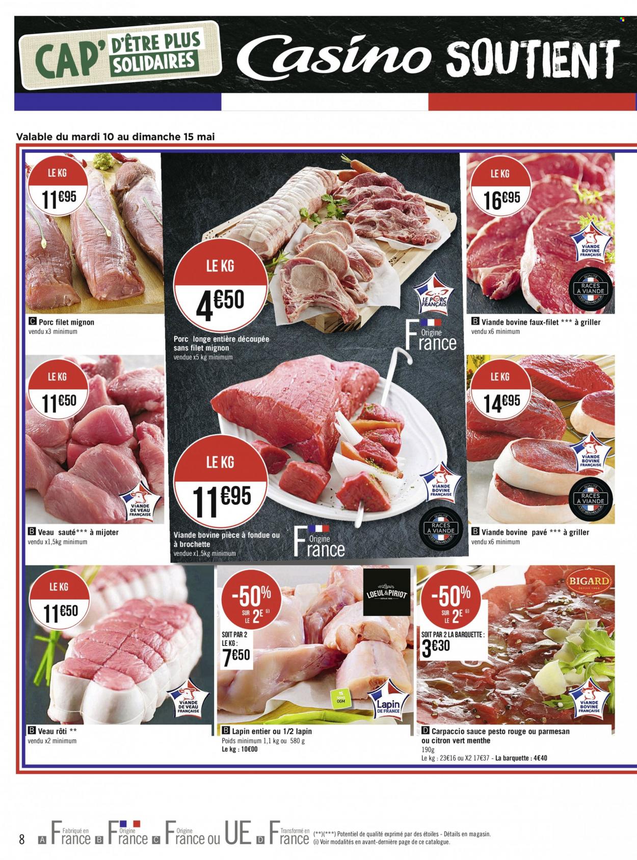 thumbnail - Catalogue Géant Casino - 09/05/2022 - 22/05/2022 - Produits soldés - filet mignon, pièce à fondue, viande de veau, carpaccio, lapin entier, viande de lapin, pesto. Page 8.
