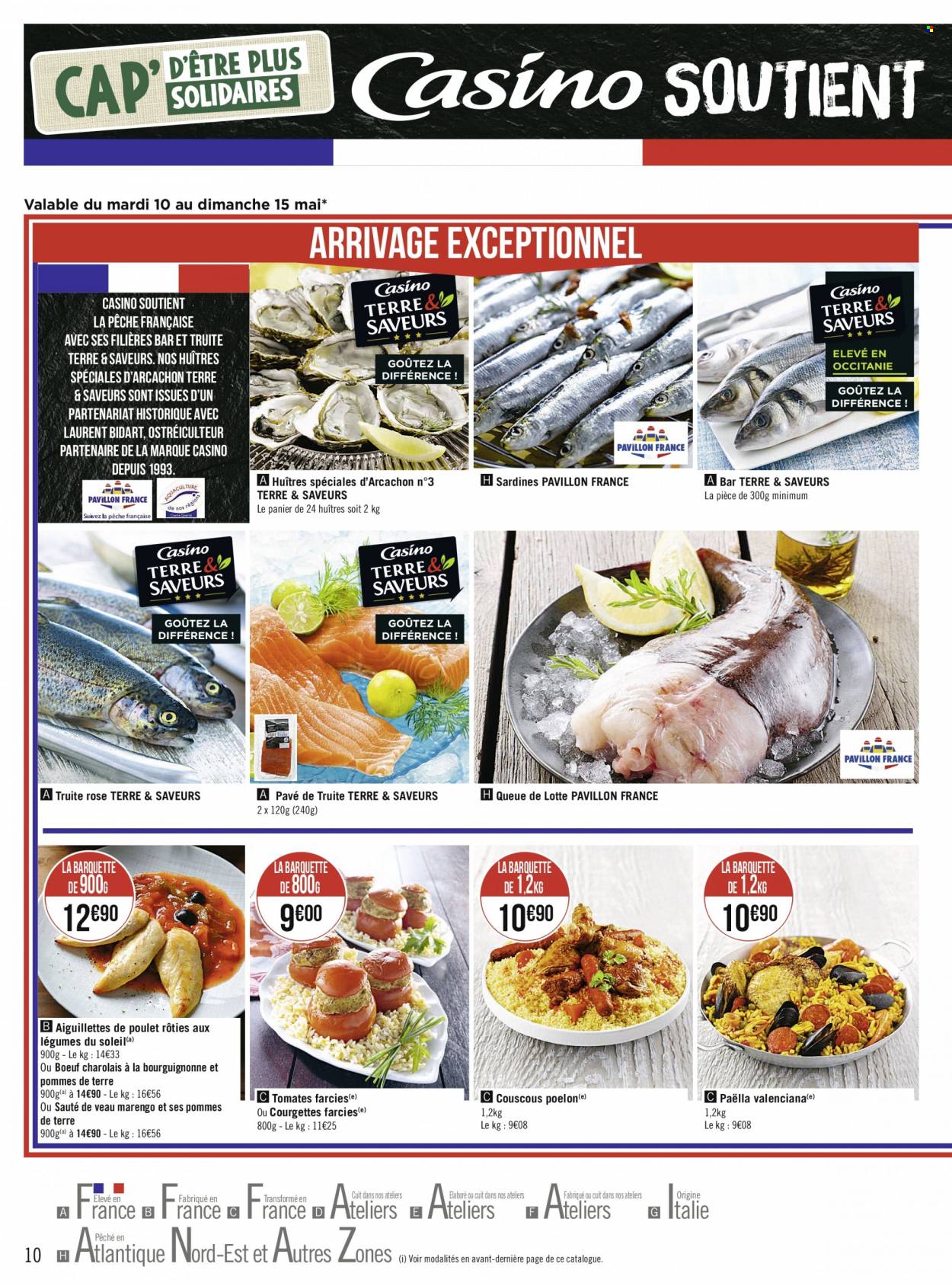 thumbnail - Catalogue Géant Casino - 09/05/2022 - 22/05/2022 - Produits soldés - viande de poulet, escalope de poulet, viande de veau, huître, sardines, queue de lotte, tomate farcie, paella, couscous. Page 10.
