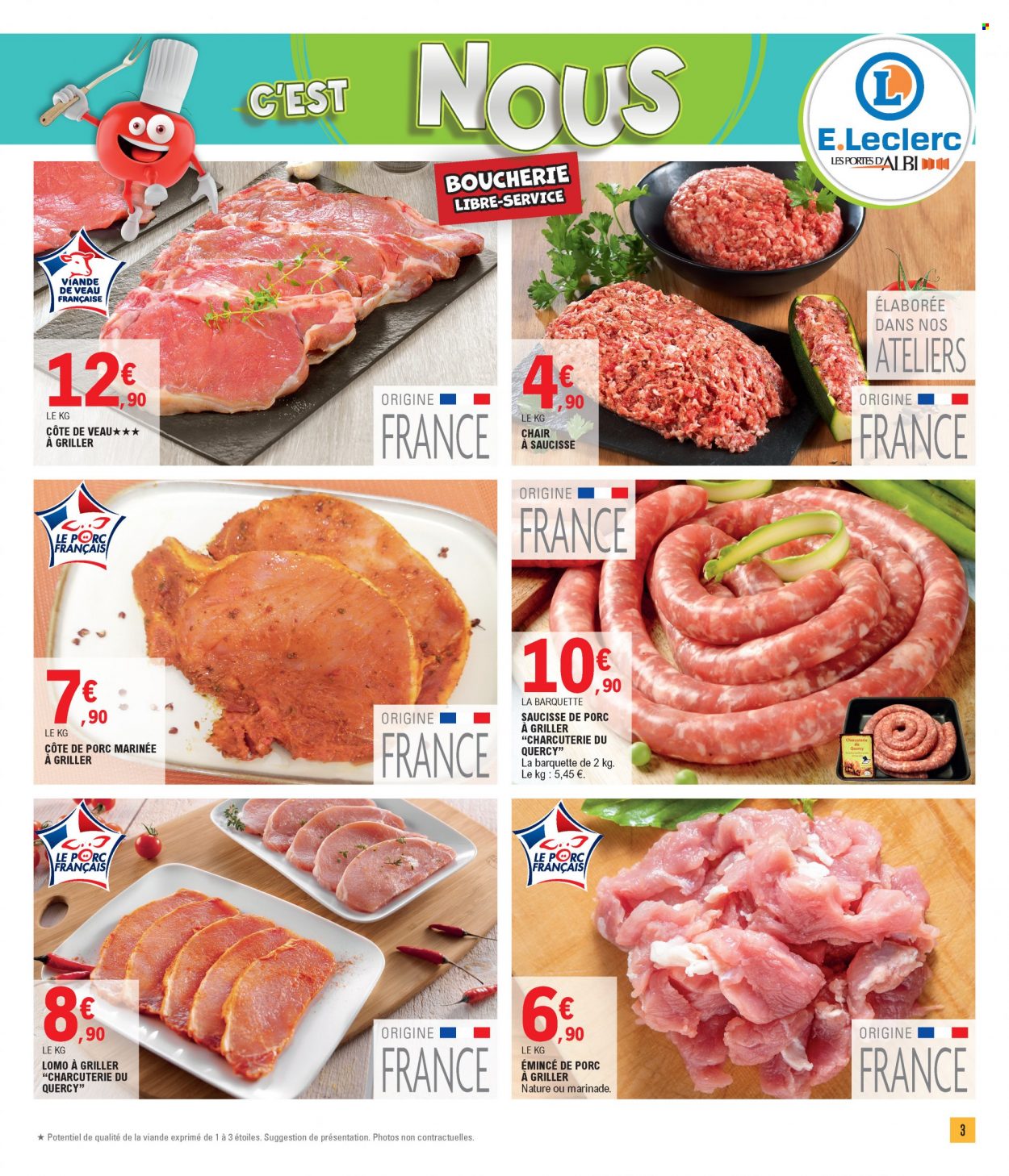 thumbnail - Catalogue E.Leclerc - 10/05/2022 - 21/05/2022 - Produits soldés - côtes de porc, viande de porc, viande de veau, chair à saucisse. Page 3.