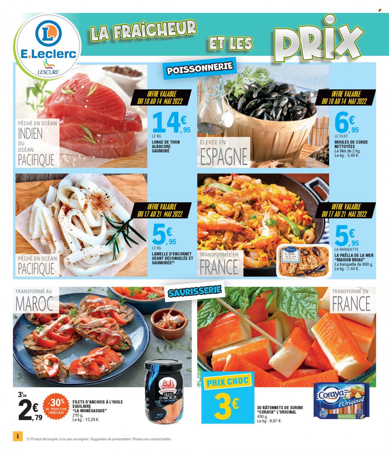 thumbnail - Catalogue E.Leclerc - 10/05/2022 - 21/05/2022 - Produits soldés - thon, surimi, moules, encornet, bâtonnets de surimi, paella, anchois, maison. Page 6.