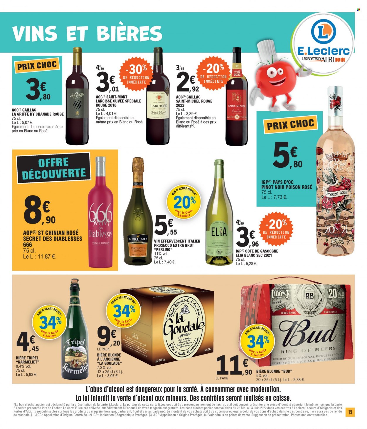 thumbnail - Catalogue E.Leclerc - 10/05/2022 - 21/05/2022 - Produits soldés - bière, bière blonde, Côtes de Gascogne, Prosecco, vin, portant. Page 15.