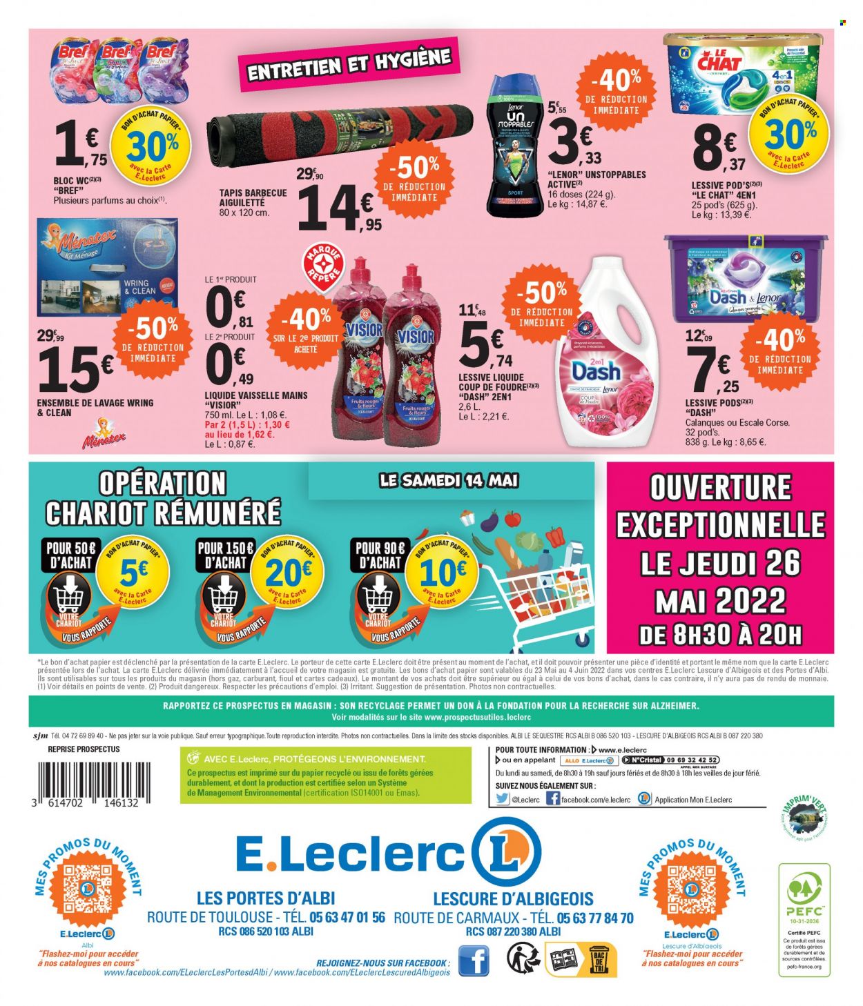 thumbnail - Catalogue E.Leclerc - 10/05/2022 - 21/05/2022 - Produits soldés - Le Chat, Bref, Lenor, lessive, liquide vaisselle, tapis, portant. Page 16.