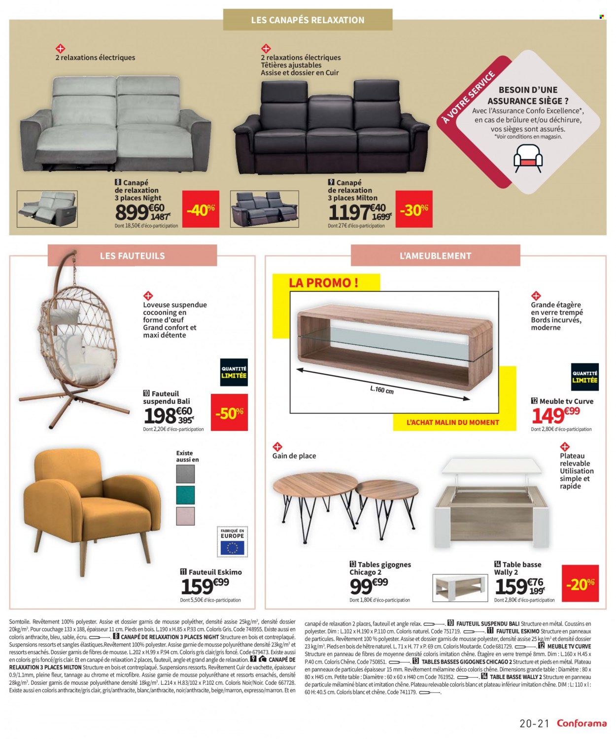 thumbnail - Catalogue Conforama - 10/05/2022 - 06/06/2022 - Produits soldés - table, téléviseur, canapé, fauteuil oeuf suspendu, table basse. Page 21.