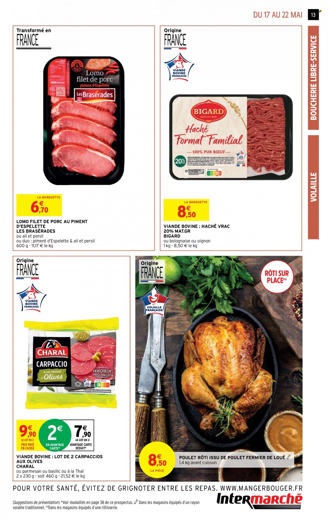thumbnail - Catalogue Intermarché Super - 17/05/2022 - 22/05/2022 - Produits soldés - viande de poulet, haché vrac, poulet rôti, basilic. Page 13.