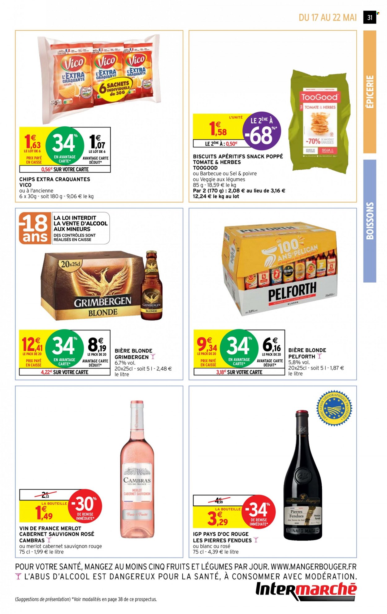thumbnail - Catalogue Intermarché Super - 17/05/2022 - 22/05/2022 - Produits soldés - bière, bière blonde, Grimbergen, chips, Vico, vin blanc, vin, Cabernet Sauvignon. Page 31.