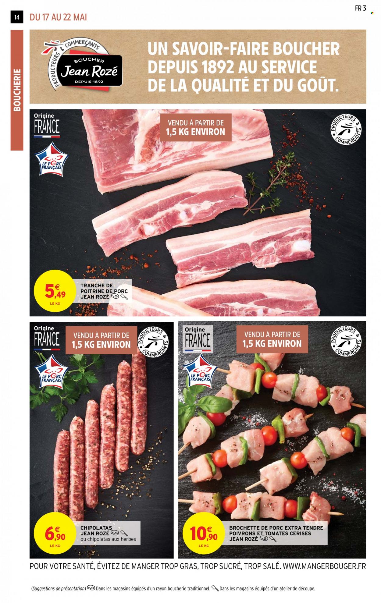 thumbnail - Catalogue Intermarché Hyper - 17/05/2022 - 22/05/2022 - Produits soldés - poitrine de porc, viande de porc, tomates, poivrons, tomates cerises, chipolata. Page 14.