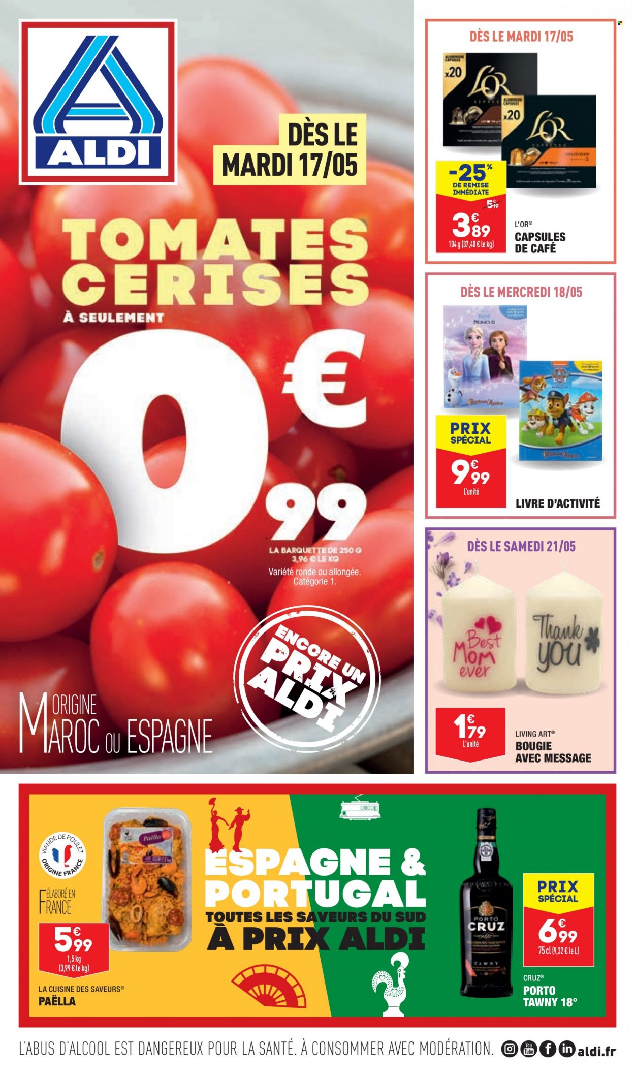 thumbnail - Catalogue ALDI - 17/05/2022 - 23/05/2022 - Produits soldés - tomates, tomates cerises, paella, café capsules, vin fortifié Porto, bougie, livre. Page 1.