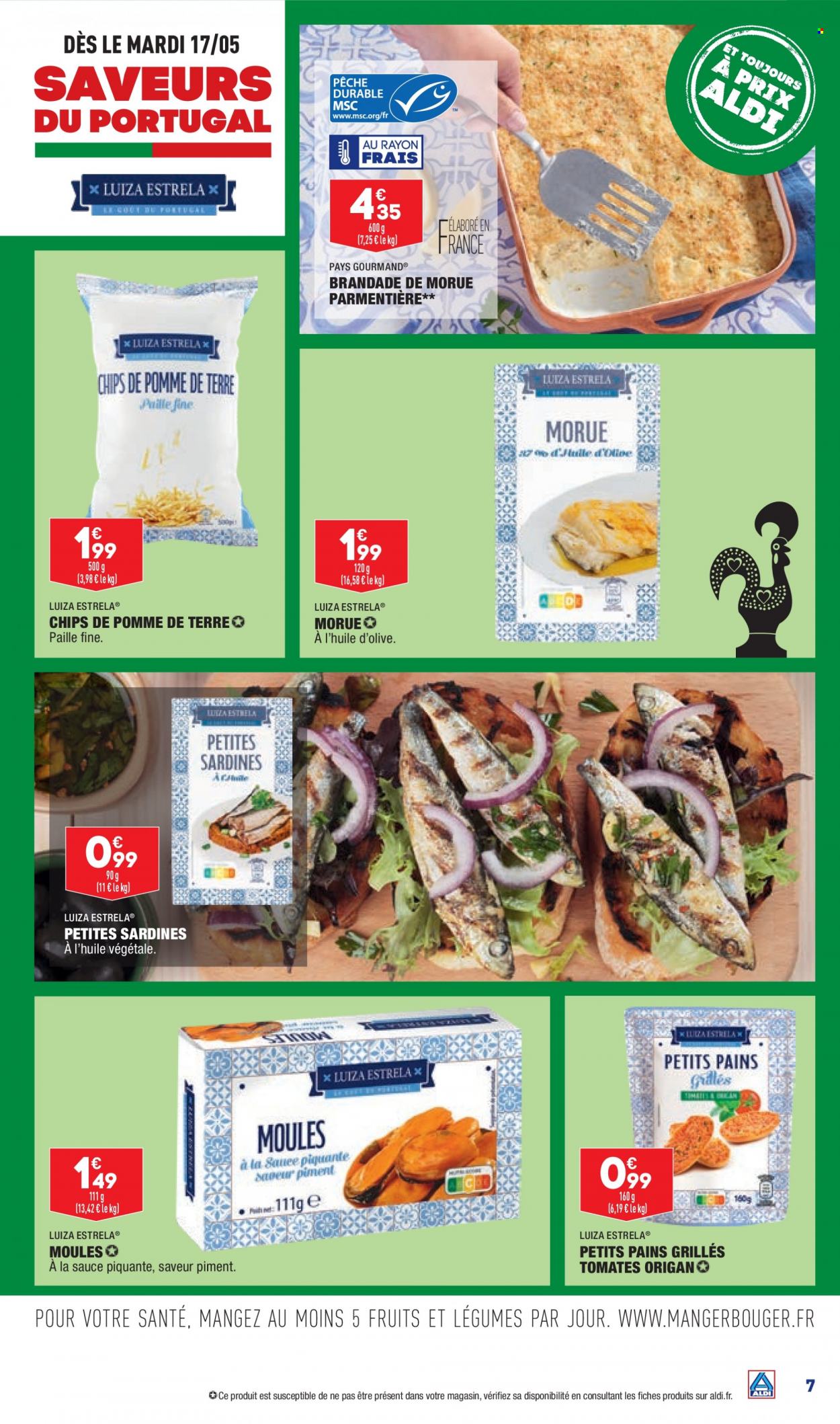 thumbnail - Catalogue ALDI - 17/05/2022 - 23/05/2022 - Produits soldés - piment, pain, pain croustillant, sardines, moules, brandade, chips, origan, huile d'olive. Page 9.