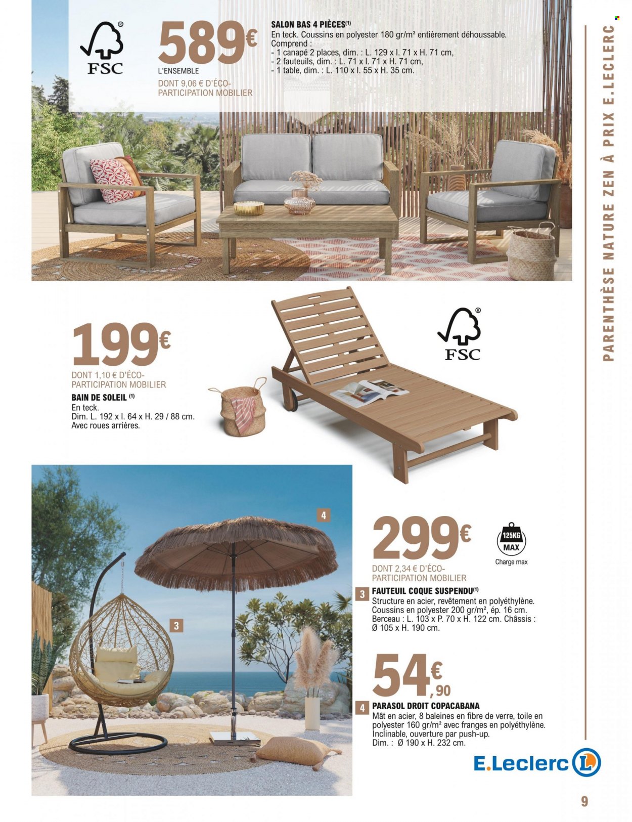 thumbnail - Catalogue E.Leclerc - 05/05/2022 - 23/05/2022 - Produits soldés - table, canapé 2 places, fauteuil, bain de soleil, berceau, parasol. Page 9.