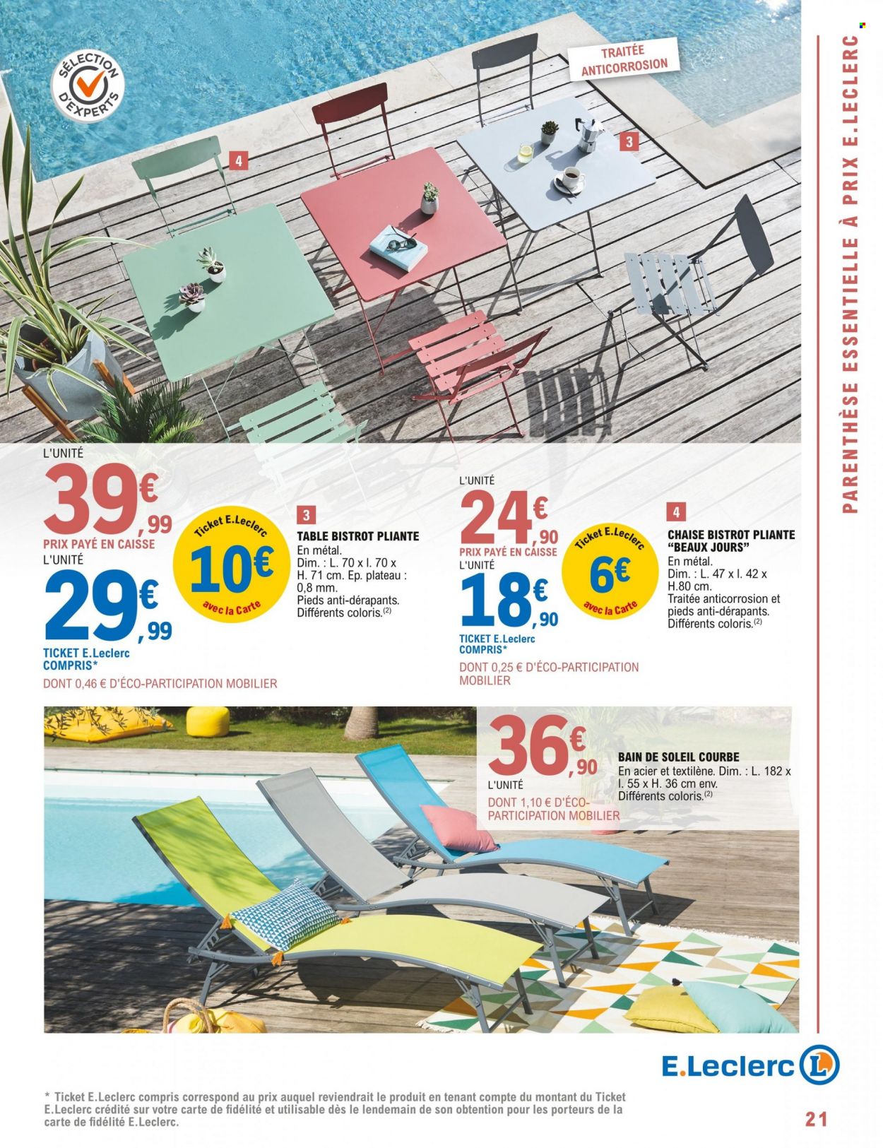 thumbnail - Catalogue E.Leclerc - 05/05/2022 - 23/05/2022 - Produits soldés - table, chaise, bain de soleil, Beaux Jours. Page 21.