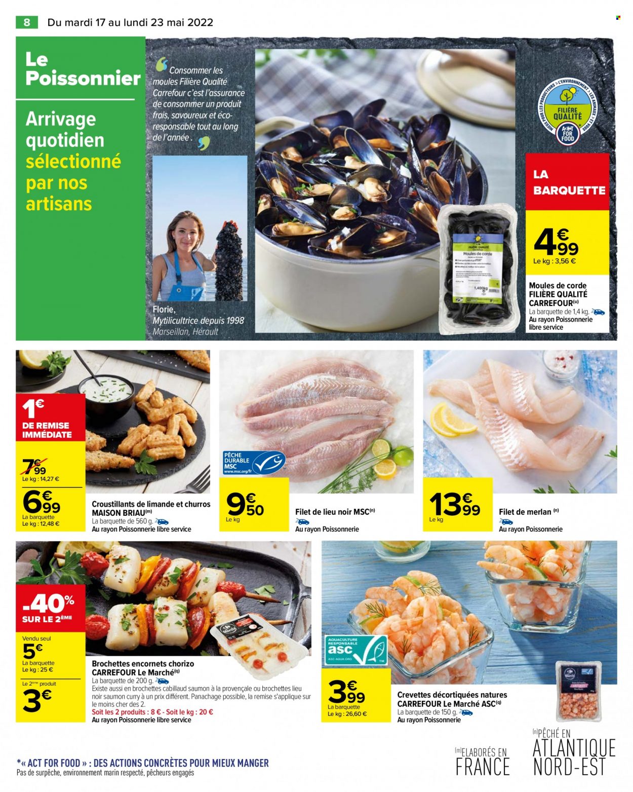 thumbnail - Catalogue Carrefour Hypermarchés - 17/05/2022 - 23/05/2022 - Produits soldés - churros, saumon, cabillaud, crevettes, filet de merlan, limande, filet de lieu, encornet, chorizo, curry, maison. Page 10.