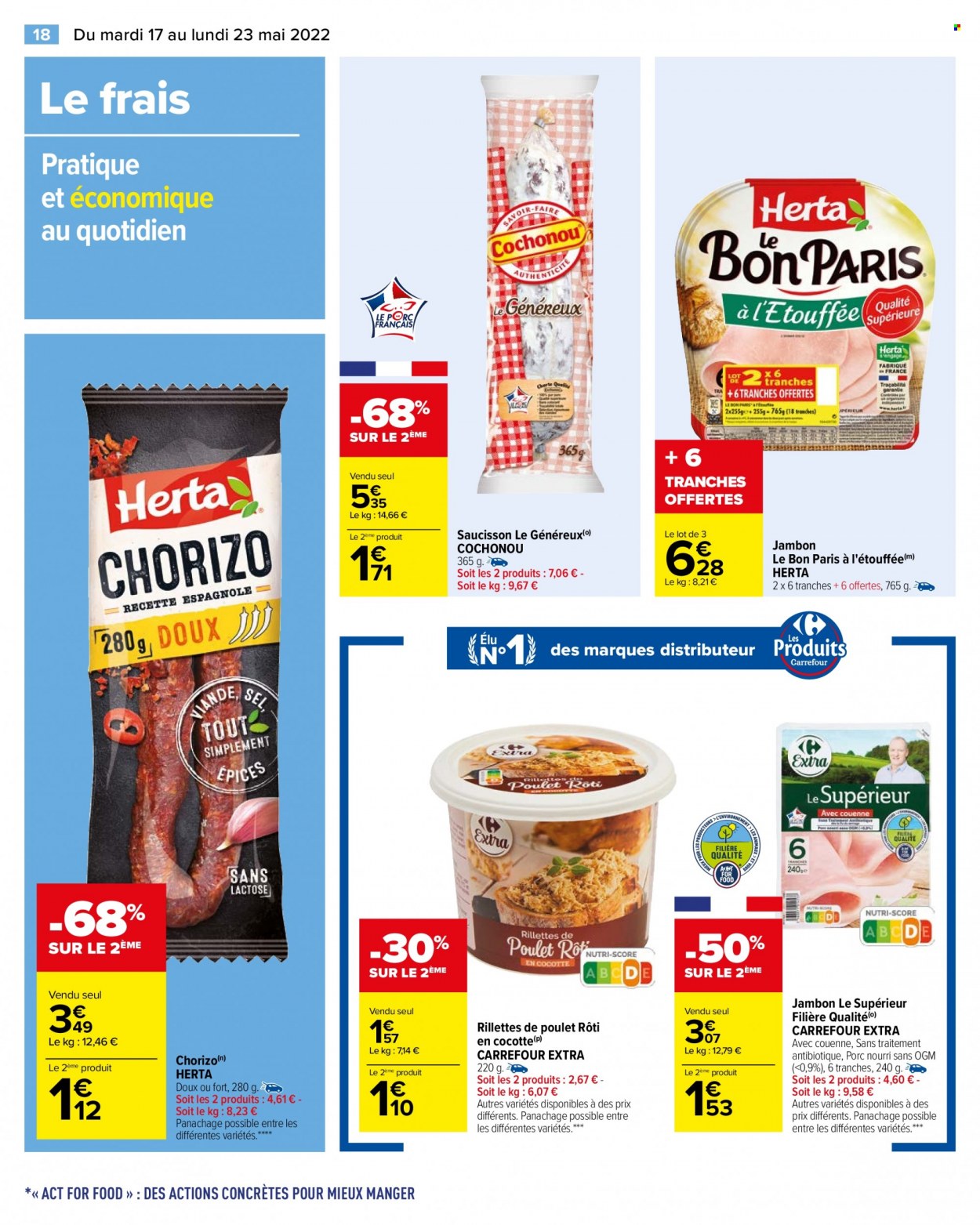 thumbnail - Catalogue Carrefour Hypermarchés - 17/05/2022 - 23/05/2022 - Produits soldés - rillettes, poulet rôti, Herta, jambon, chorizo, Cochonou, saucisson, cocotte. Page 20.