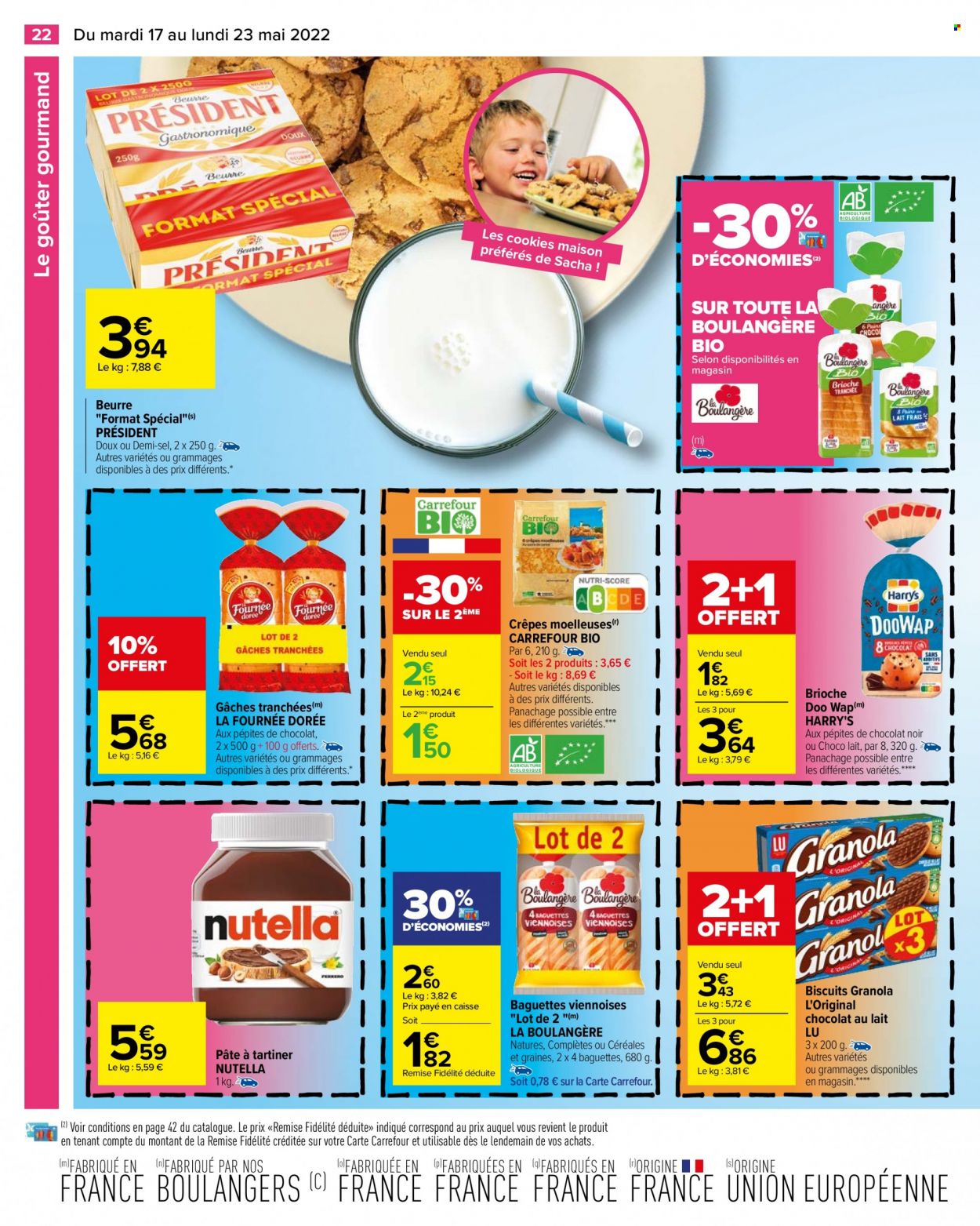 thumbnail - Catalogue Carrefour Hypermarchés - 17/05/2022 - 23/05/2022 - Produits soldés - brioche, La Fournée Dorée, crêpes, DooWap, Président, biscuits, granola, Nutella, LU, maison. Page 24.