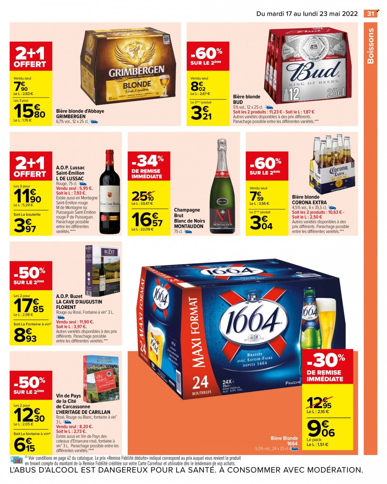 thumbnail - Catalogue Carrefour Hypermarchés - 17/05/2022 - 23/05/2022 - Produits soldés - bière, bière blonde, Grimbergen, Corona Extra, 1664, champagne. Page 33.
