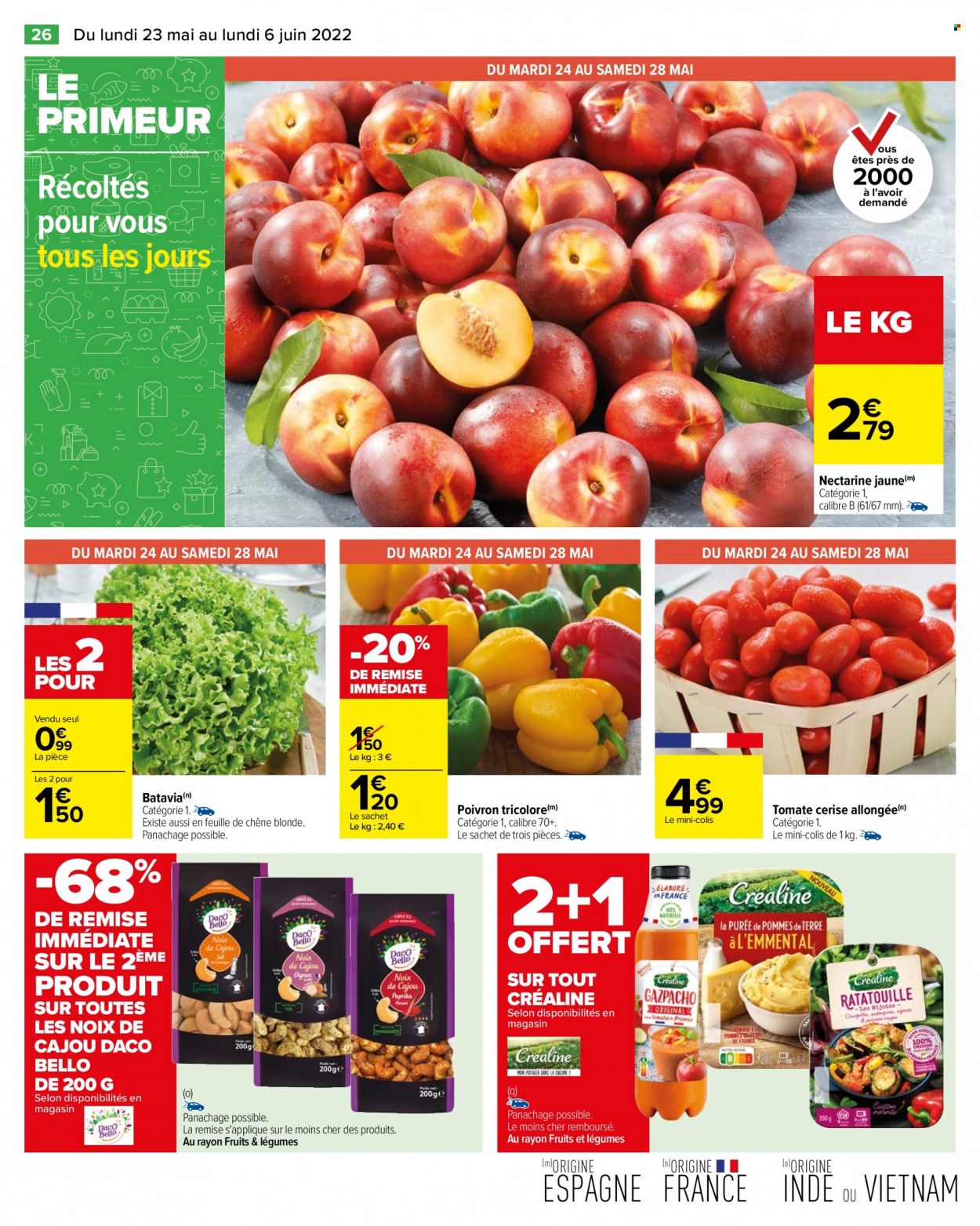 thumbnail - Catalogue Carrefour Hypermarchés - 23/05/2022 - 06/06/2022 - Produits soldés - nectarine, salade batavia, poivrons, noix de cajou. Page 30.