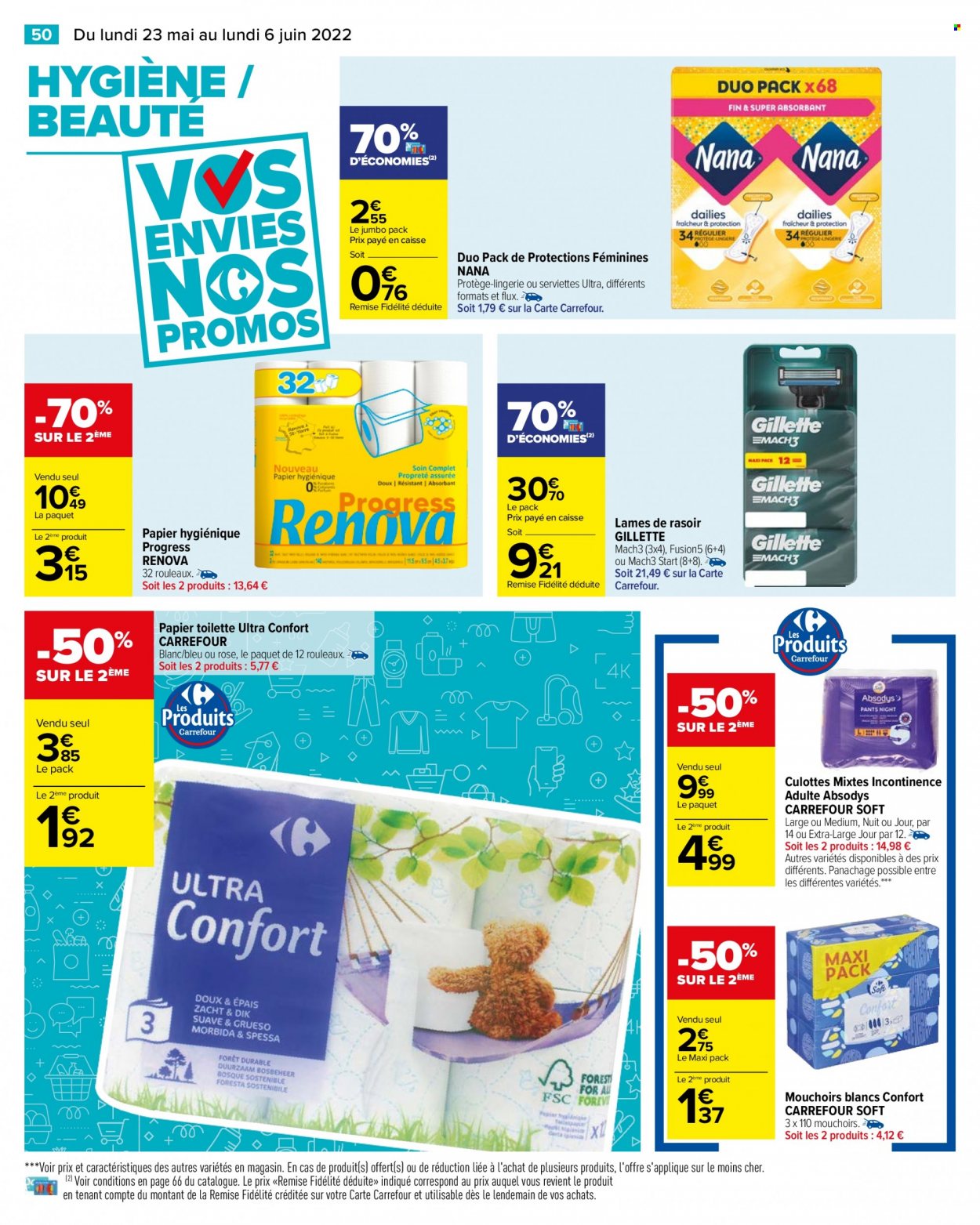 thumbnail - Catalogue Carrefour Hypermarchés - 23/05/2022 - 06/06/2022 - Produits soldés - mouchoirs, serviette, papier toilette, Gillette, lames de rasoir, culotte. Page 54.